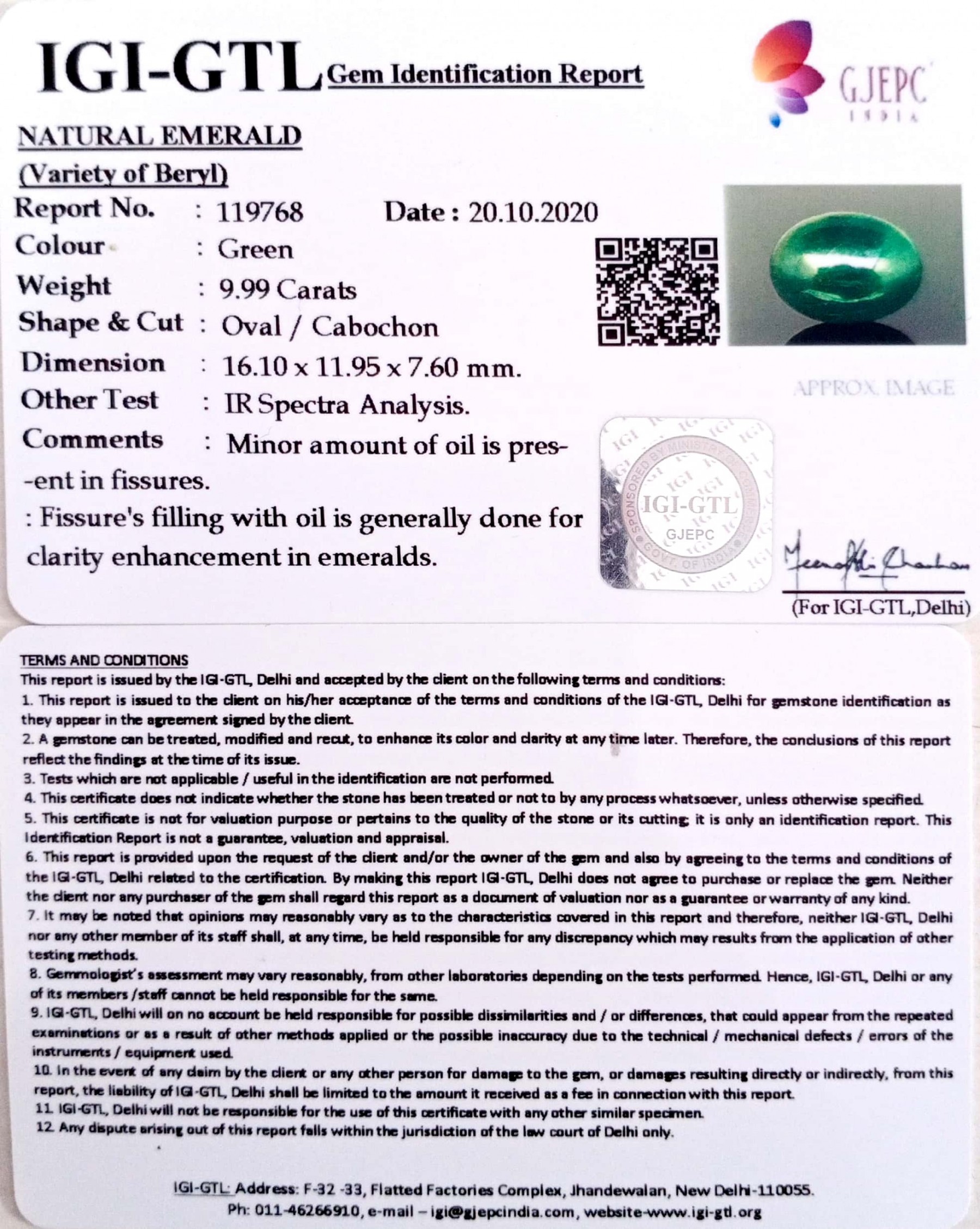 11.08 Ratti Natural Emerald Stone With Govt. Lab Certified (6771)
