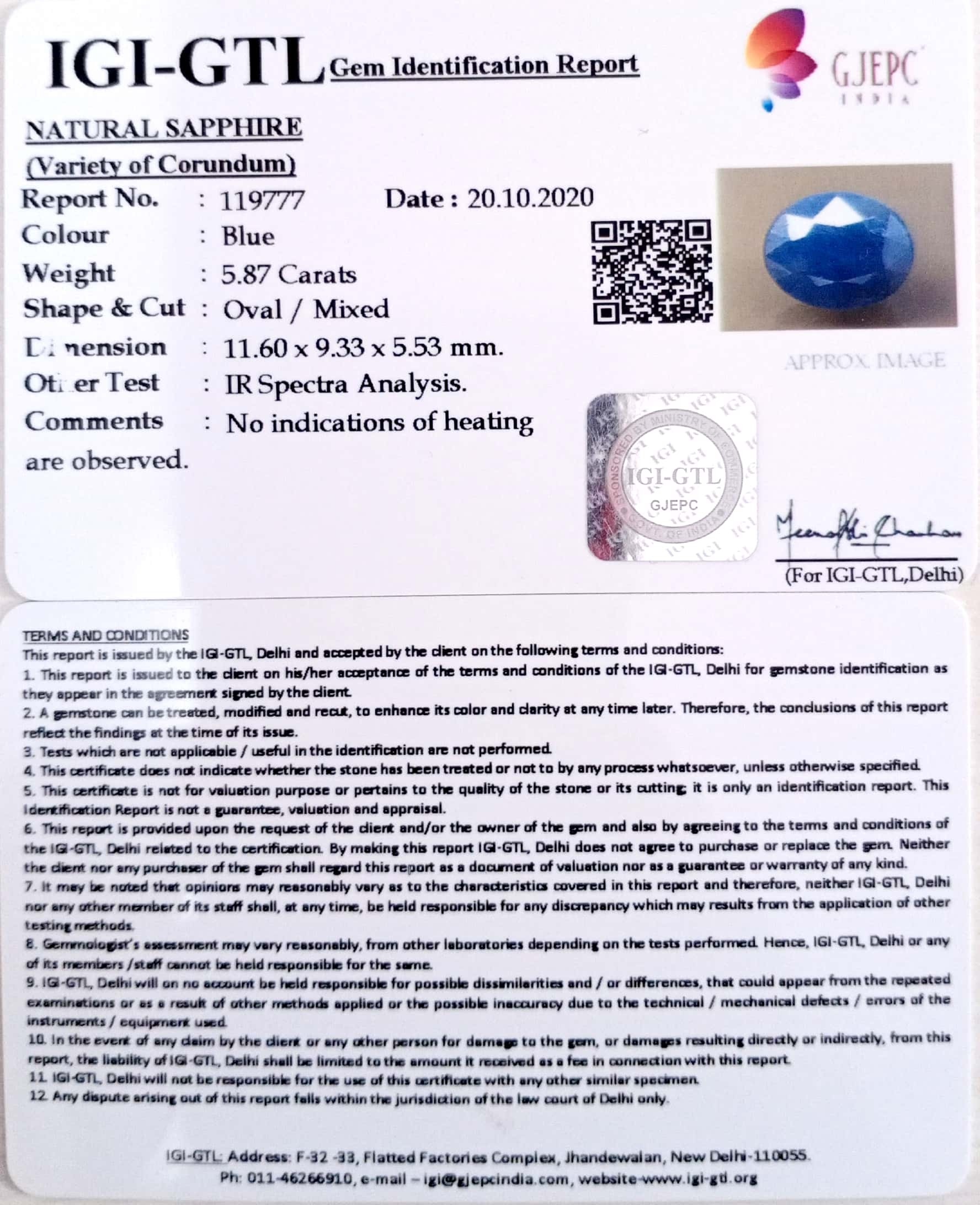 6.51 Ratti Natural Blue Sapphire with Govt Lab Certificate-(1221)