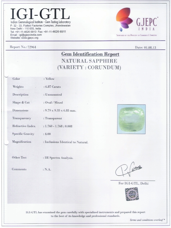 Natural Sapphire Govt Lab Certificate