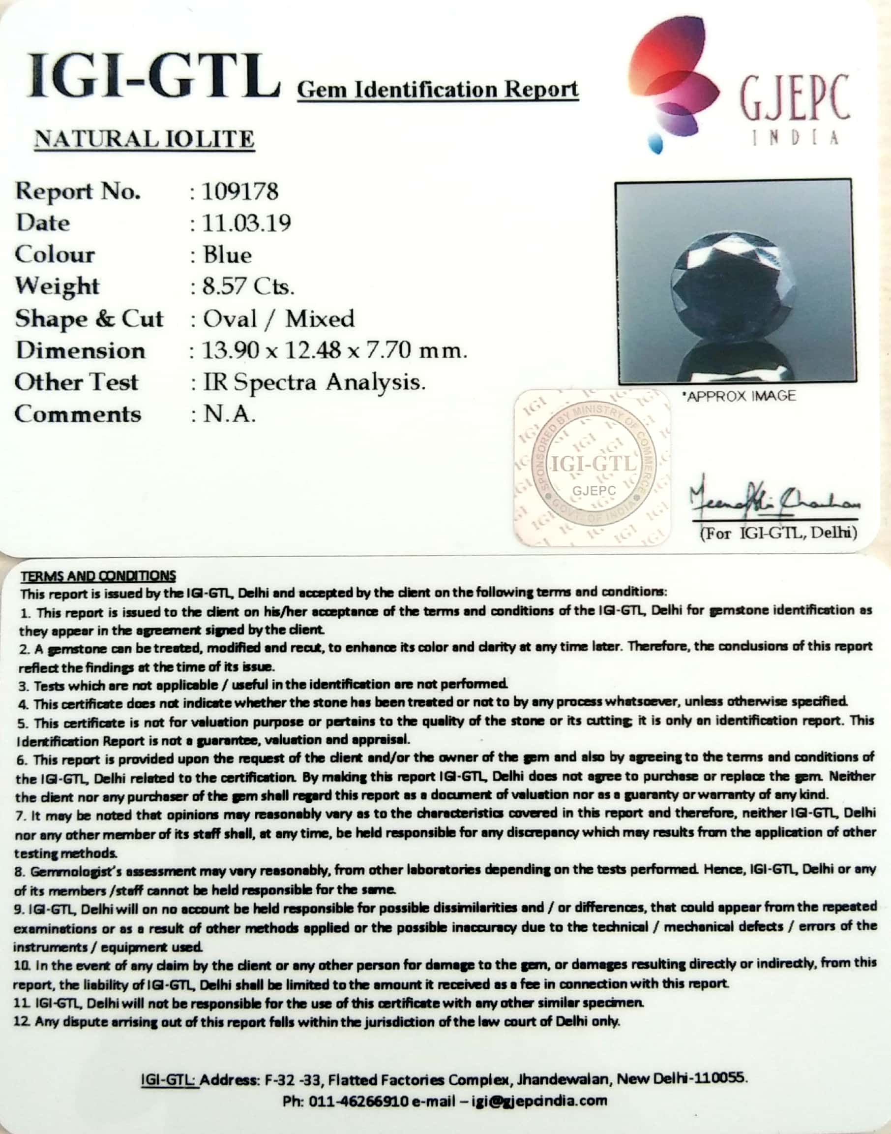 9.52 Ratti Natural Iolite With Govt. Lab Certificate-(610)