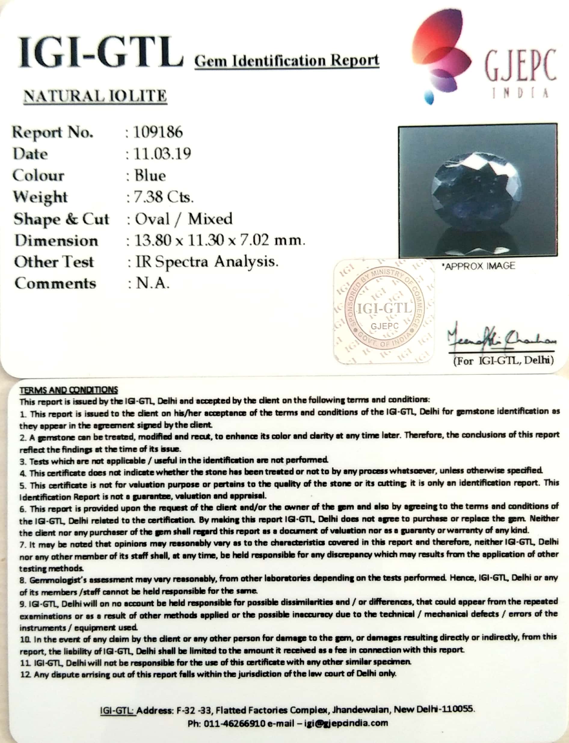 8.20 Ratti Natural Iolite With Govt. Lab Certificate-(610)