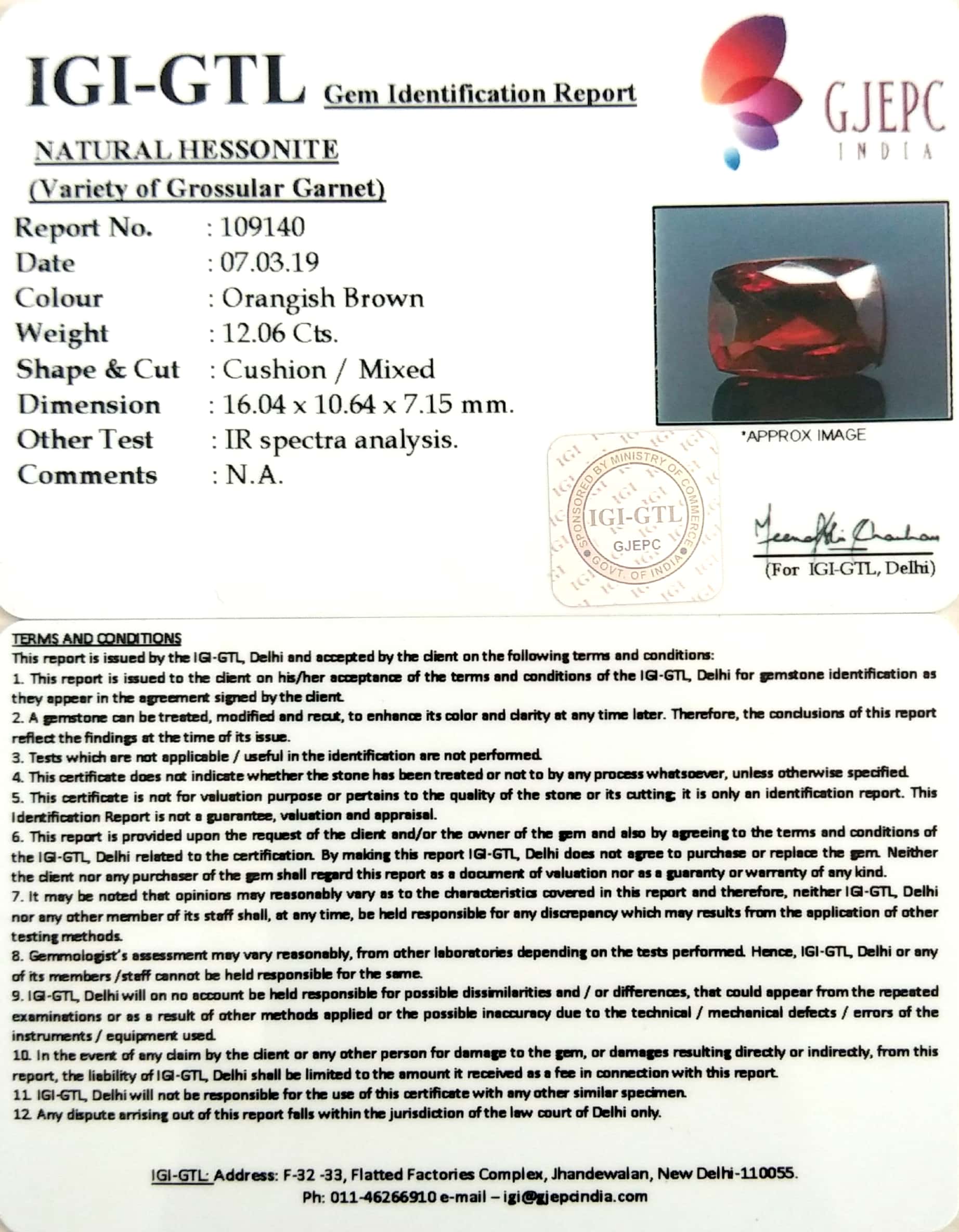 13.40 Ratti Natural Hessonite with Govt. Lab Certificate-(1221)