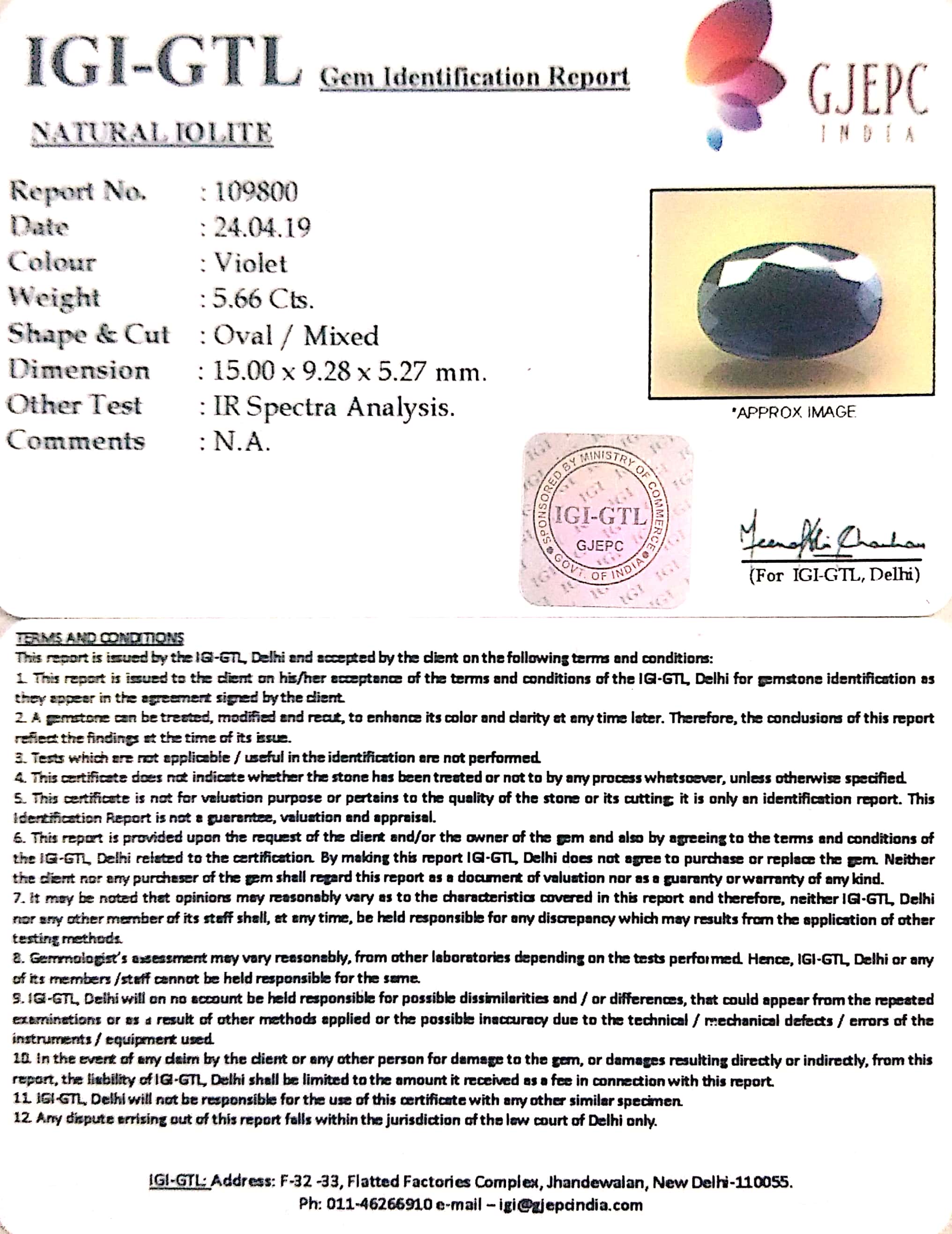 6.29 Ratti Natural Iolite With Govt. Lab Certificate-(1221)