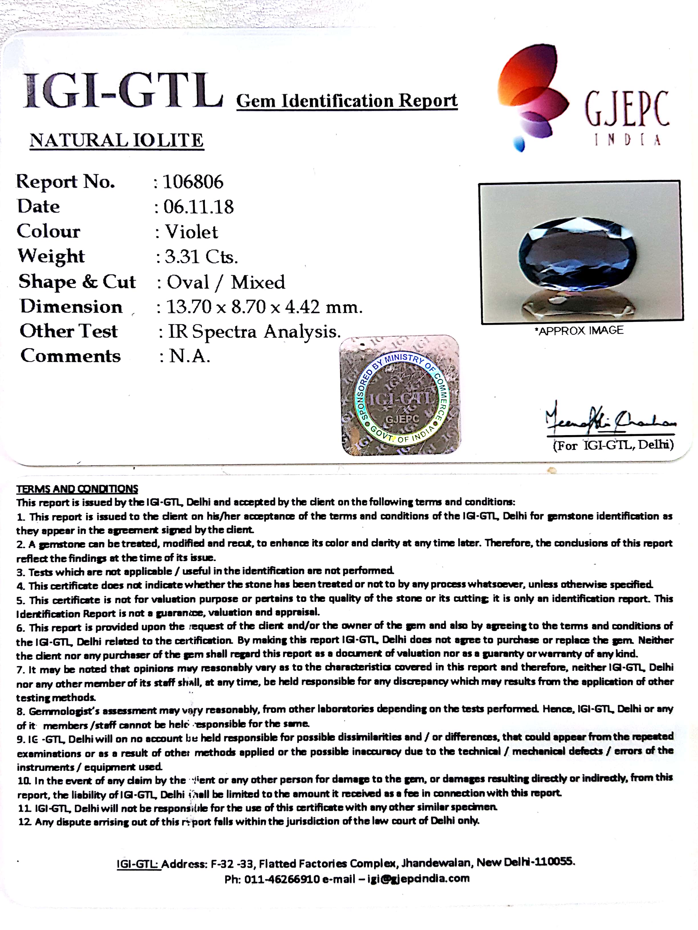 3.68 Ratti Natural Iolite With Govt. Lab Certificate-(2331)