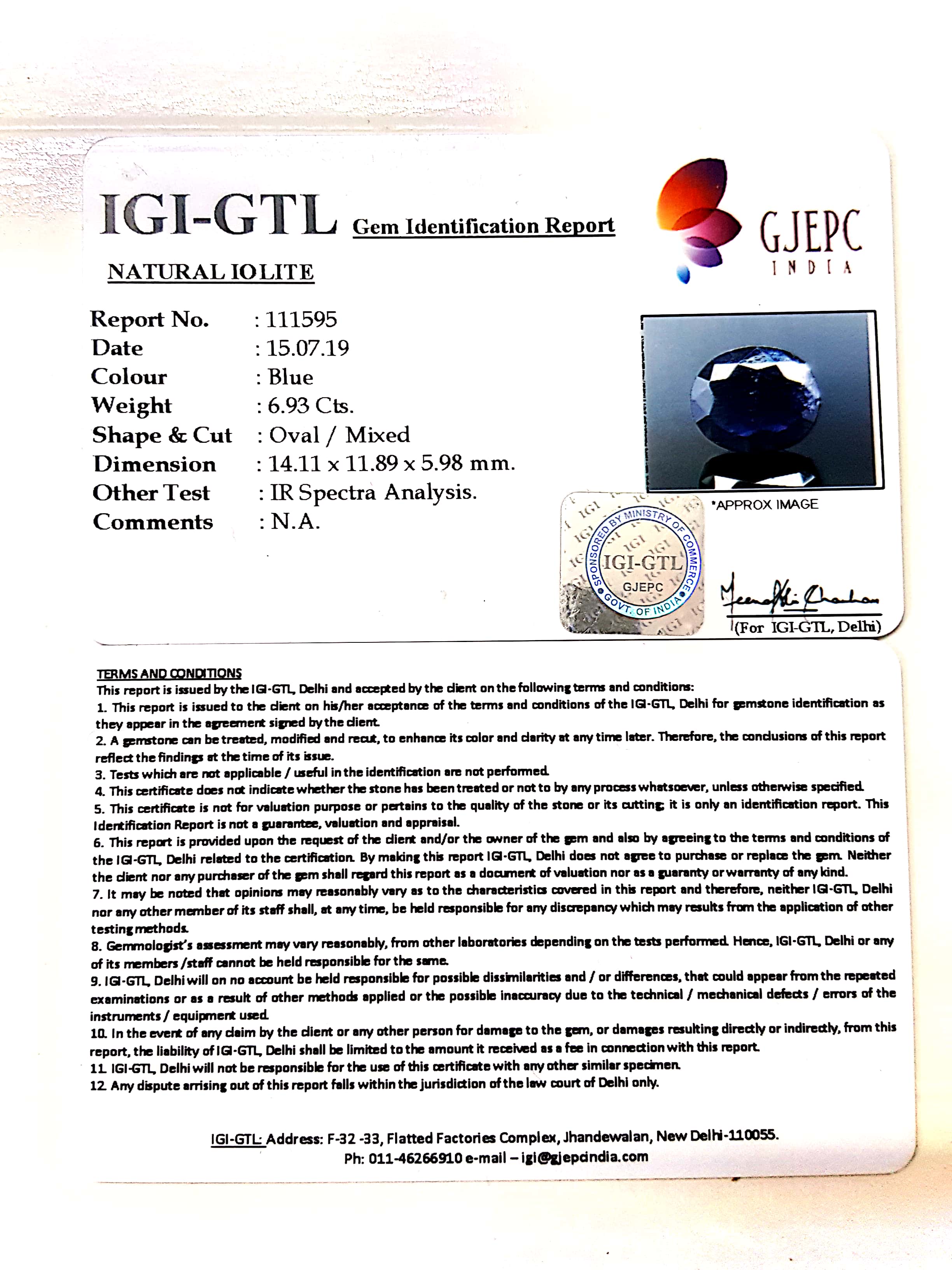 7.70 Ratti Natural Iolite With Govt. Lab Certificate-(1221)