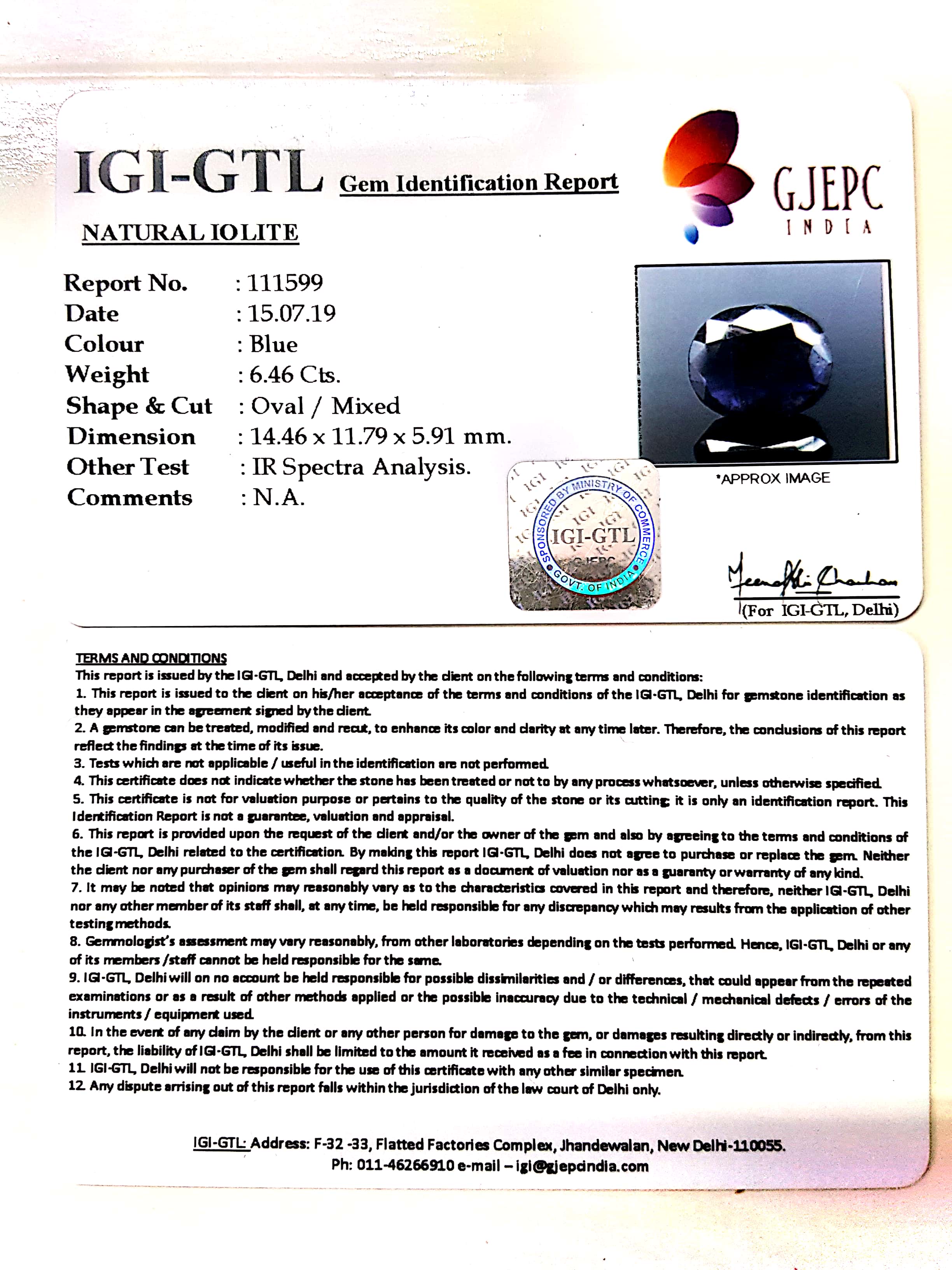 7.18 Ratti Natural Iolite With Govt. Lab Certificate-(610)