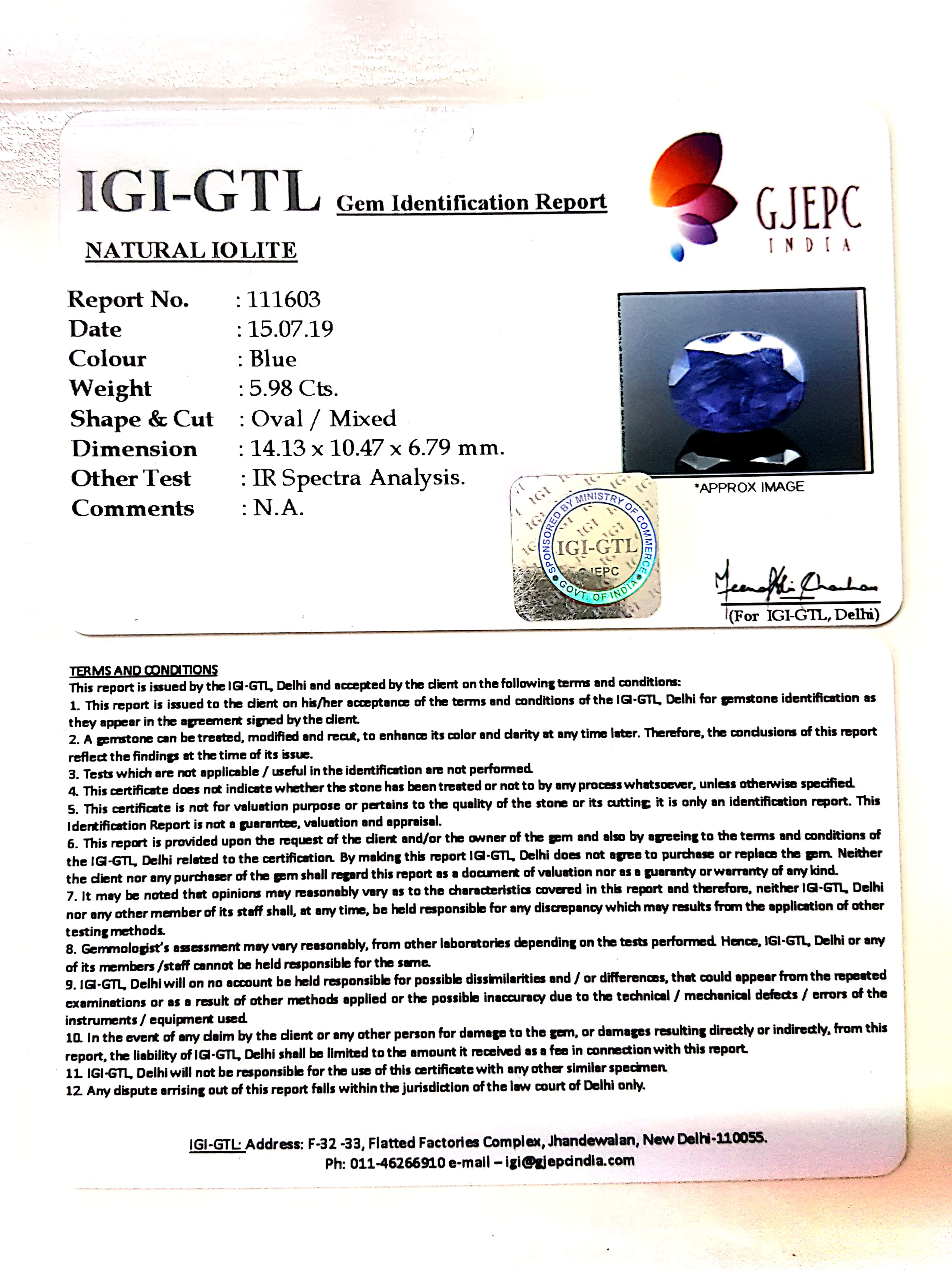 6.64 Ratti Natural Iolite With Govt. Lab Certificate-(1221)