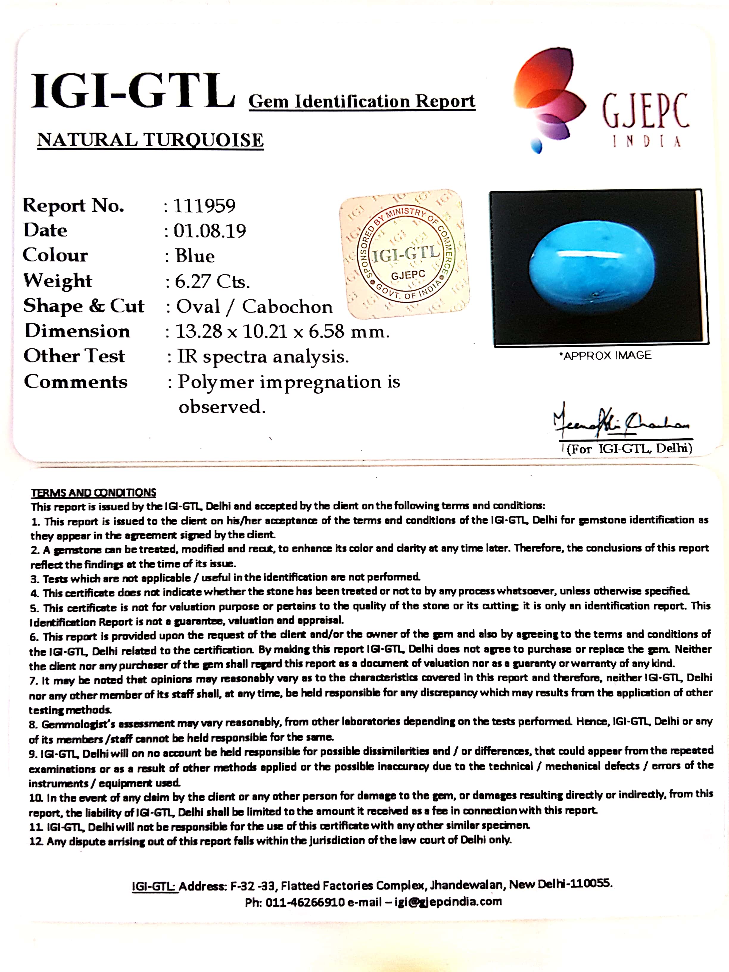 6.97 Ratti Irani Turquoise .With Govt. Lab Certificate-(610)