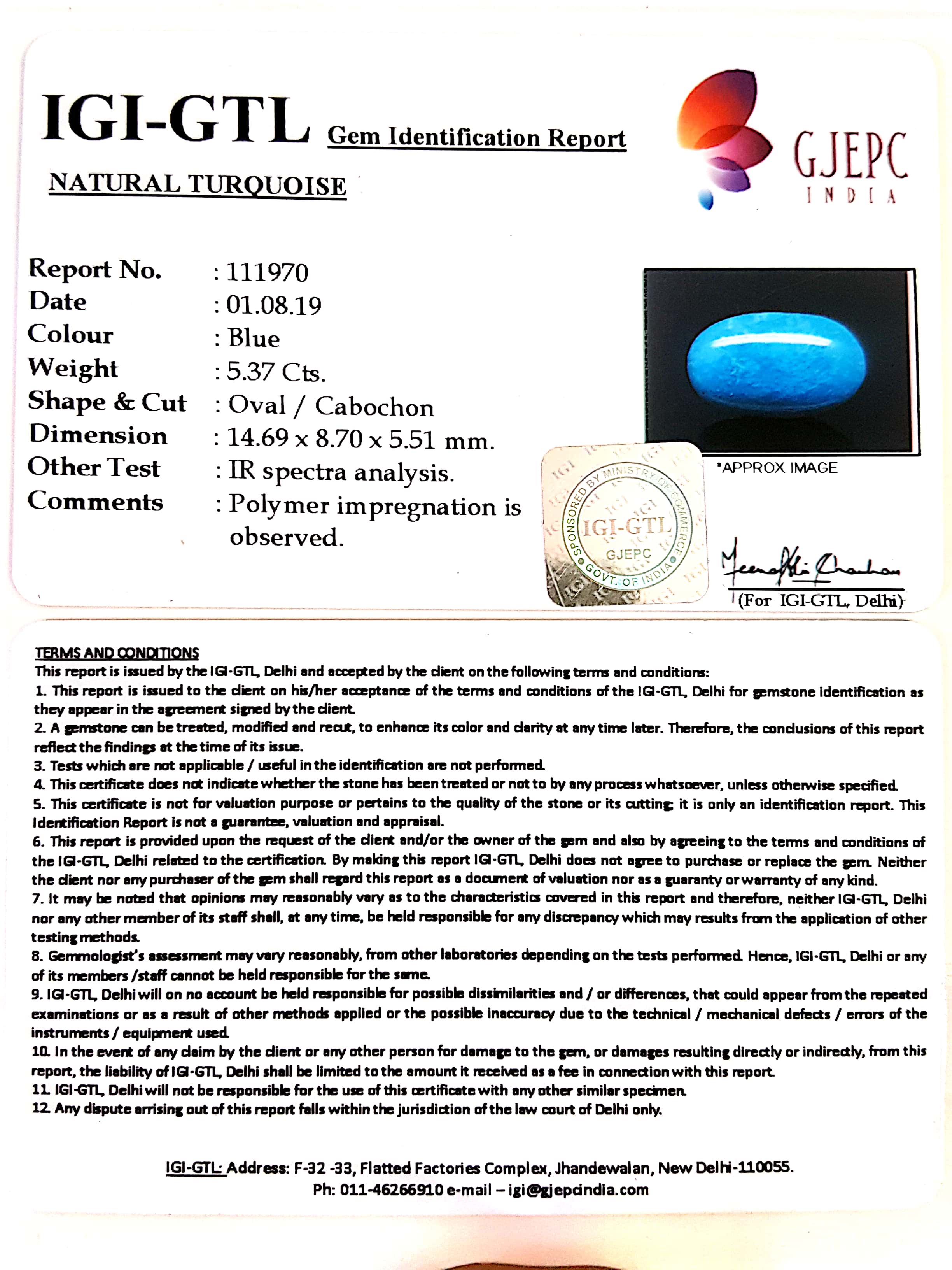 5.97 Ratti Irani Turquoise With Govt. Lab Certificate-(610)