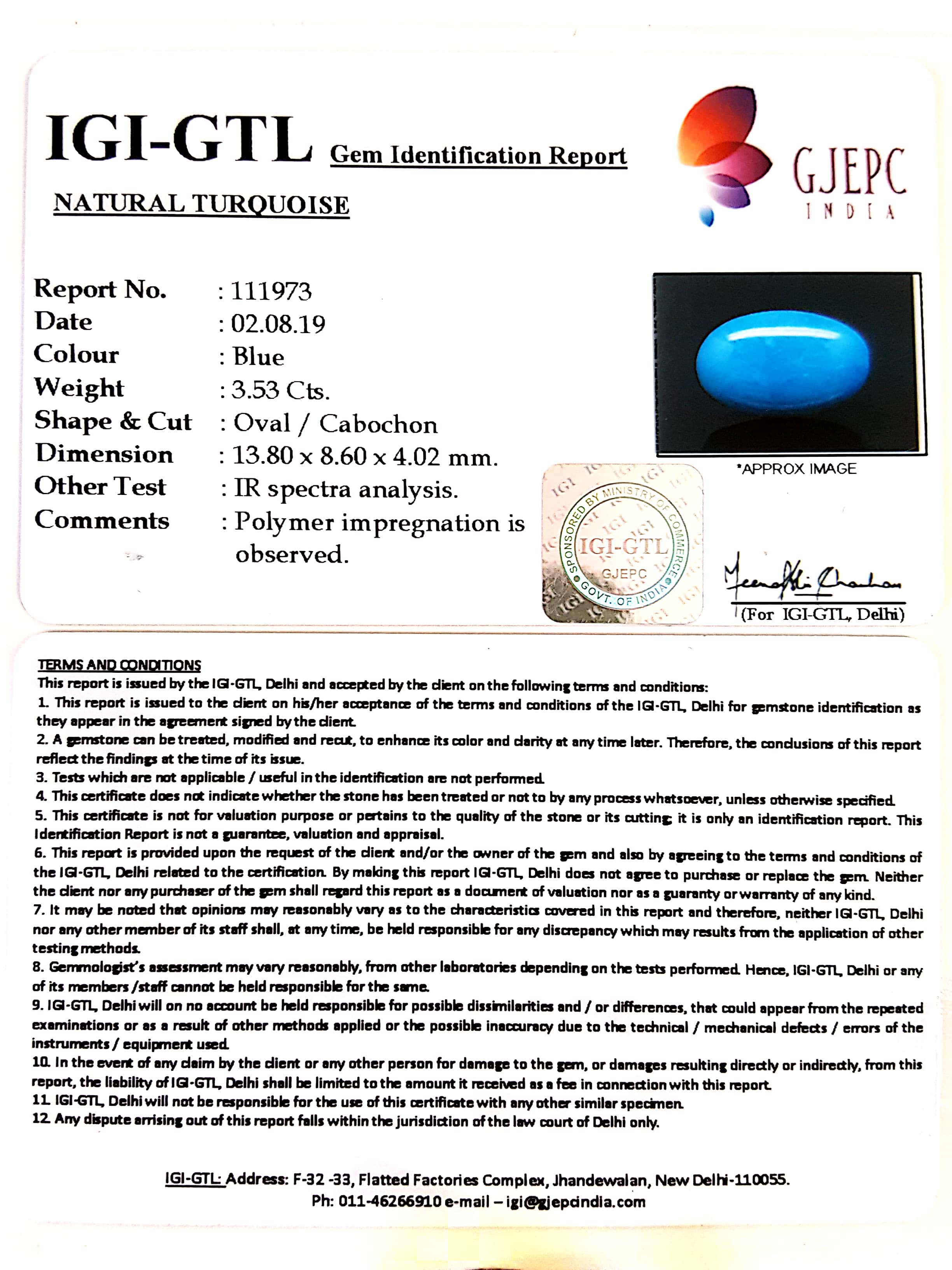 3.92 Ratti Irani Turquoise With Govt. Lab Certificate-(610)