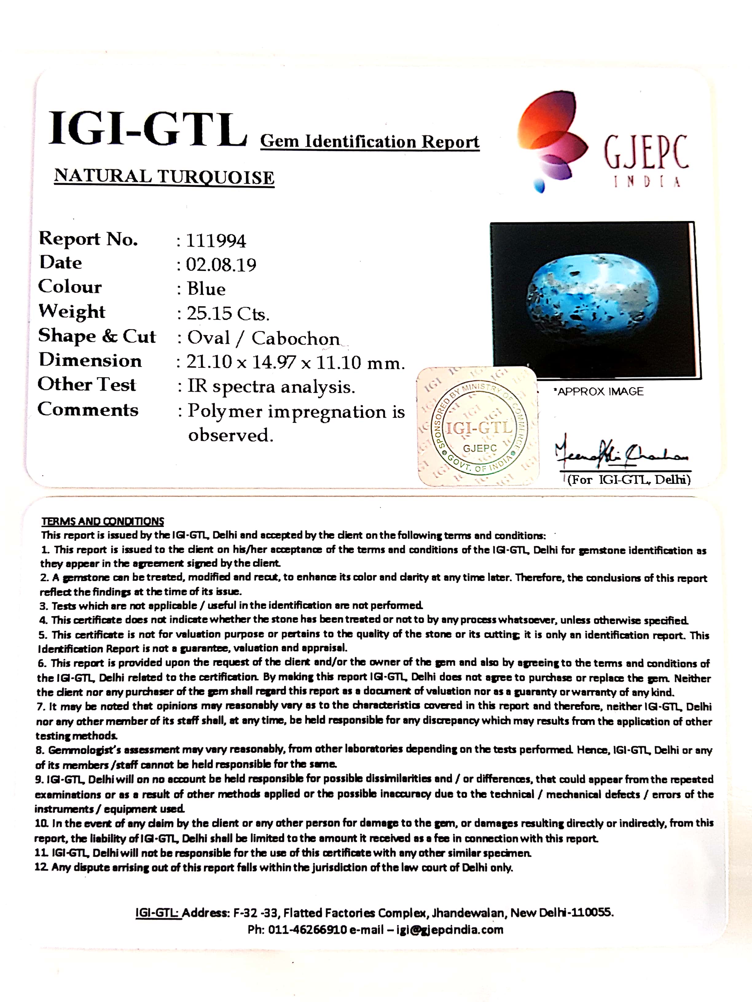27.94 Ratti Irani Turquoise  With Govt. Lab Certificate-(1221)