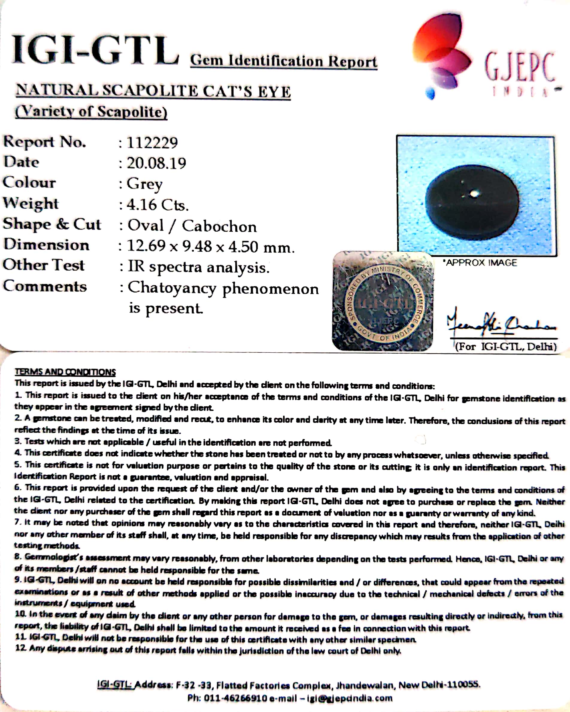 4.62 Ratti Natural Scapolite Cat^s Eye with Govt. Lab Certified-(1221)