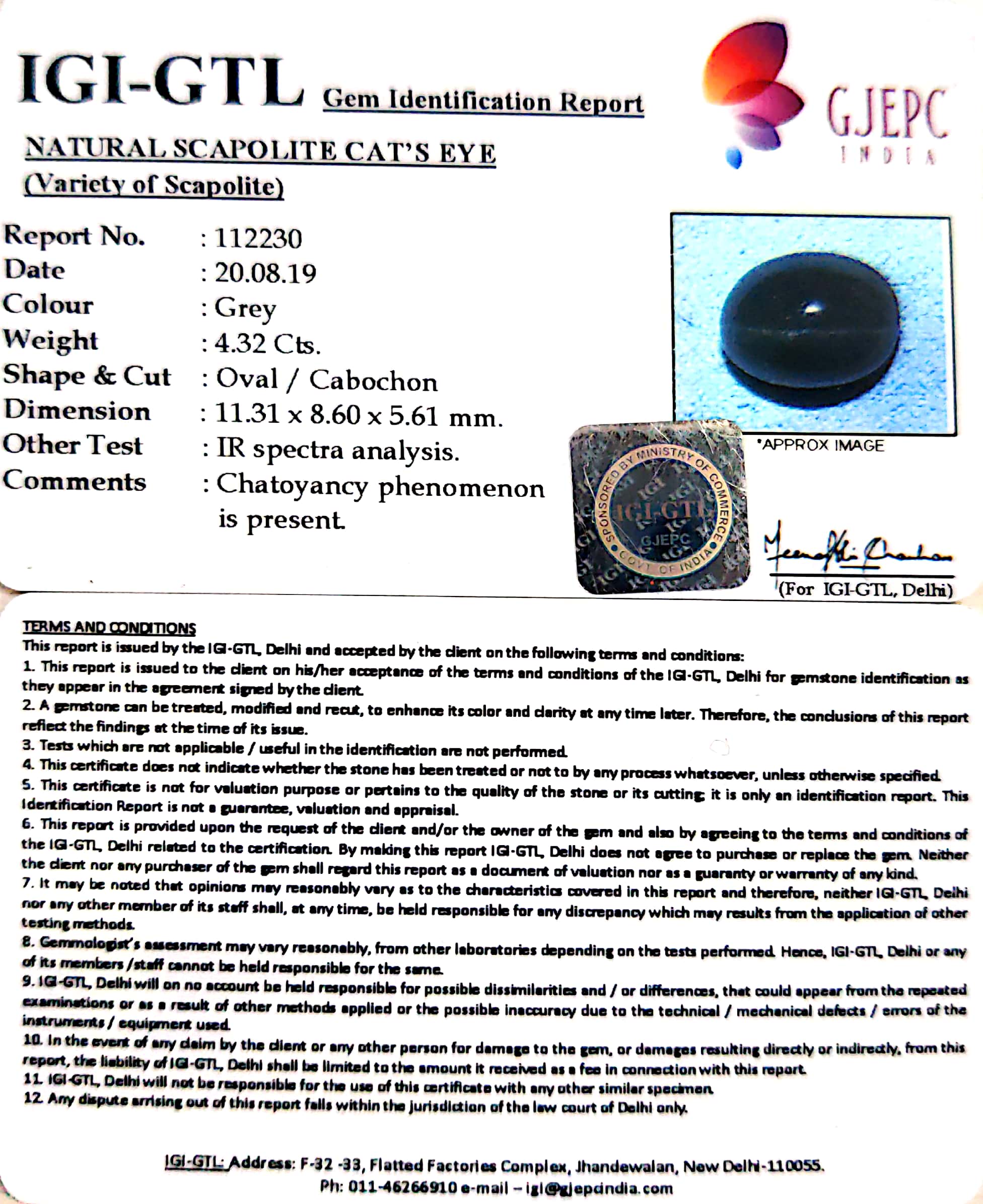 4.80 Ratti Natural Scapolite Cat^s Eye with Govt. Lab Certified-(1221)
