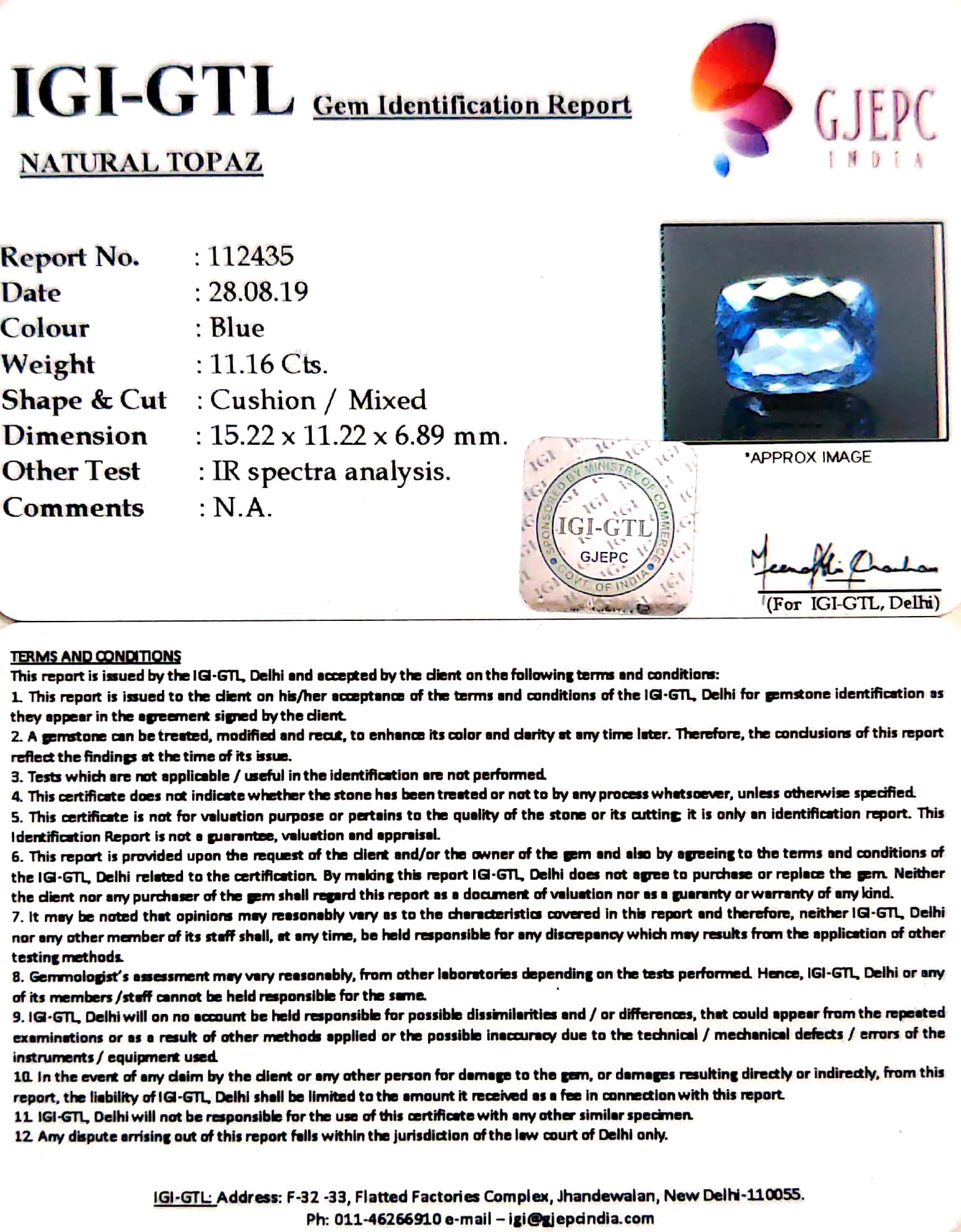 12.39 Ratti Blue Topaz with Govt Lab Certificate-(1665)