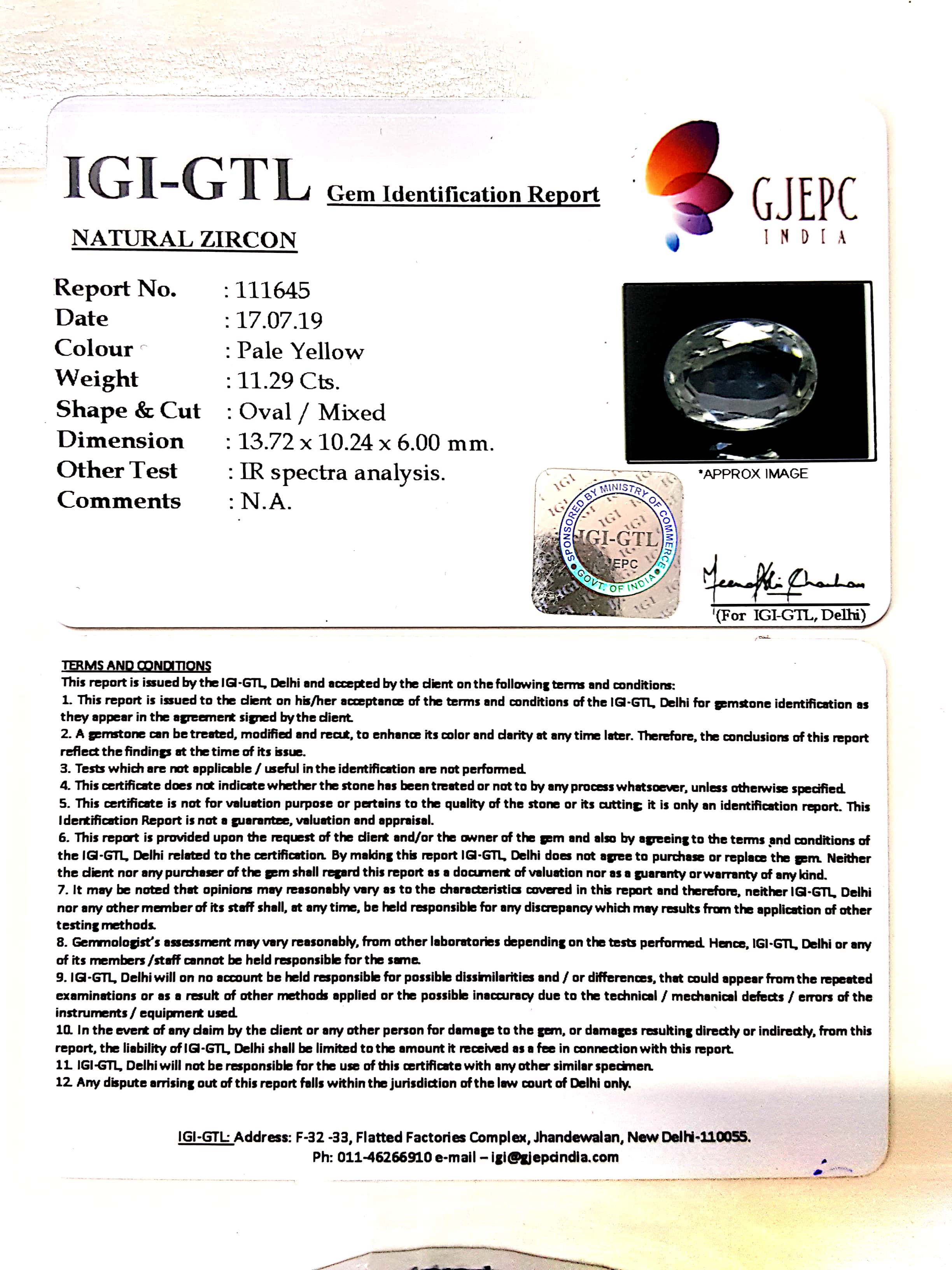 12.54 Ratti Natural Zircon With Govt. Lab certificate-(4551)