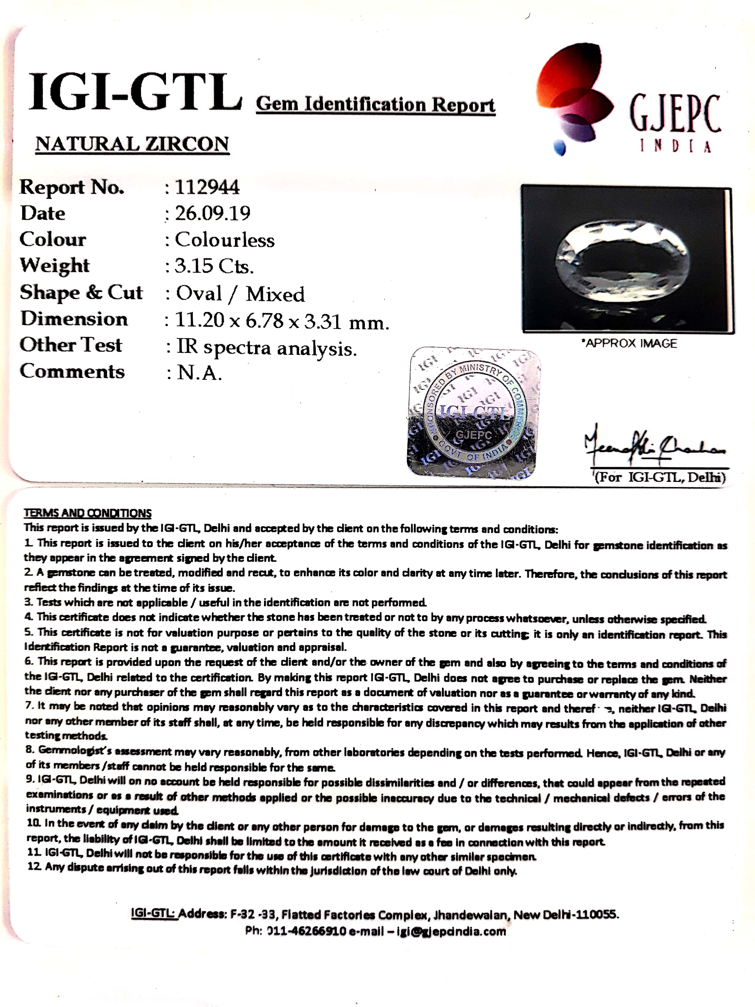 3.50 Ratti Natural Zircon With Govt. Lab certificate-(3441)