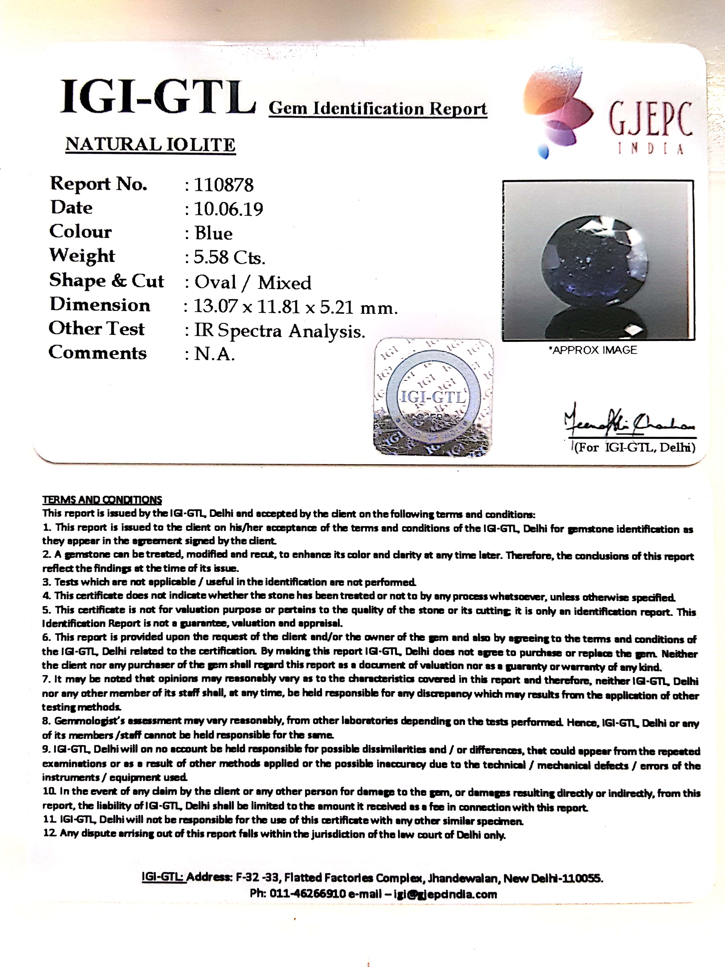 6.20 Ratti Natural Iolite With Govt. Lab Certificate-(1221)