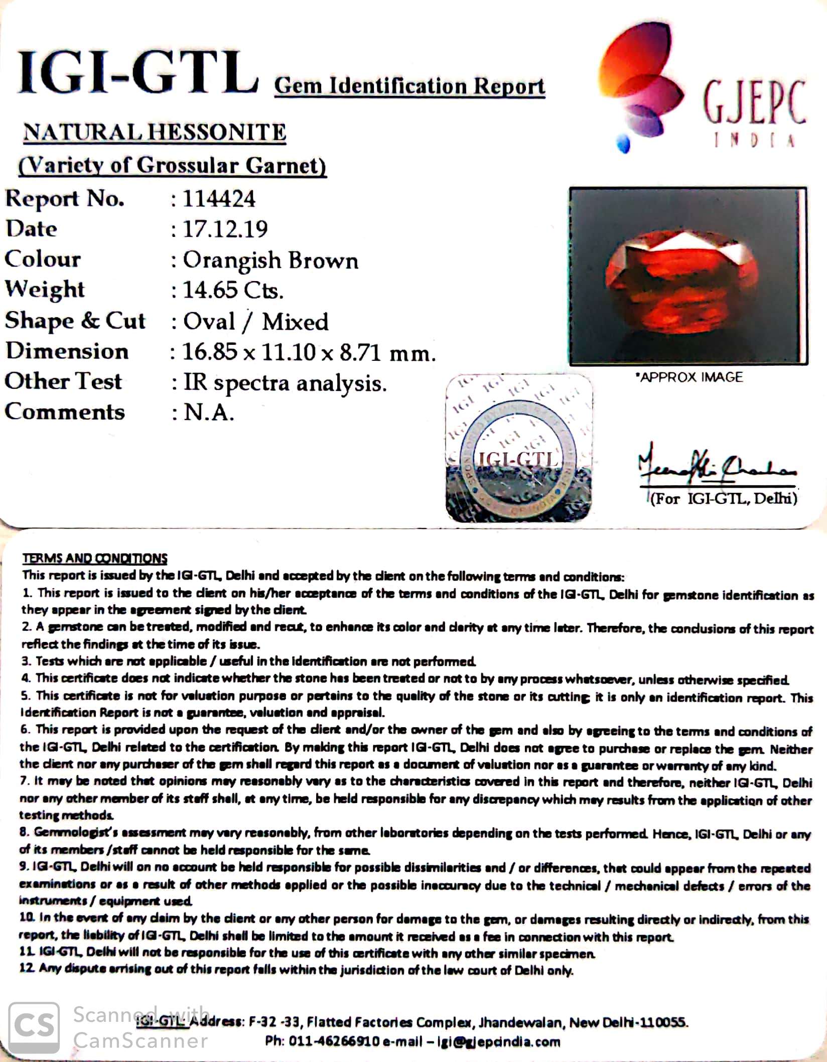 16.27 Ratti Natural Hessonite with Govt. Lab Certificate-(1221)