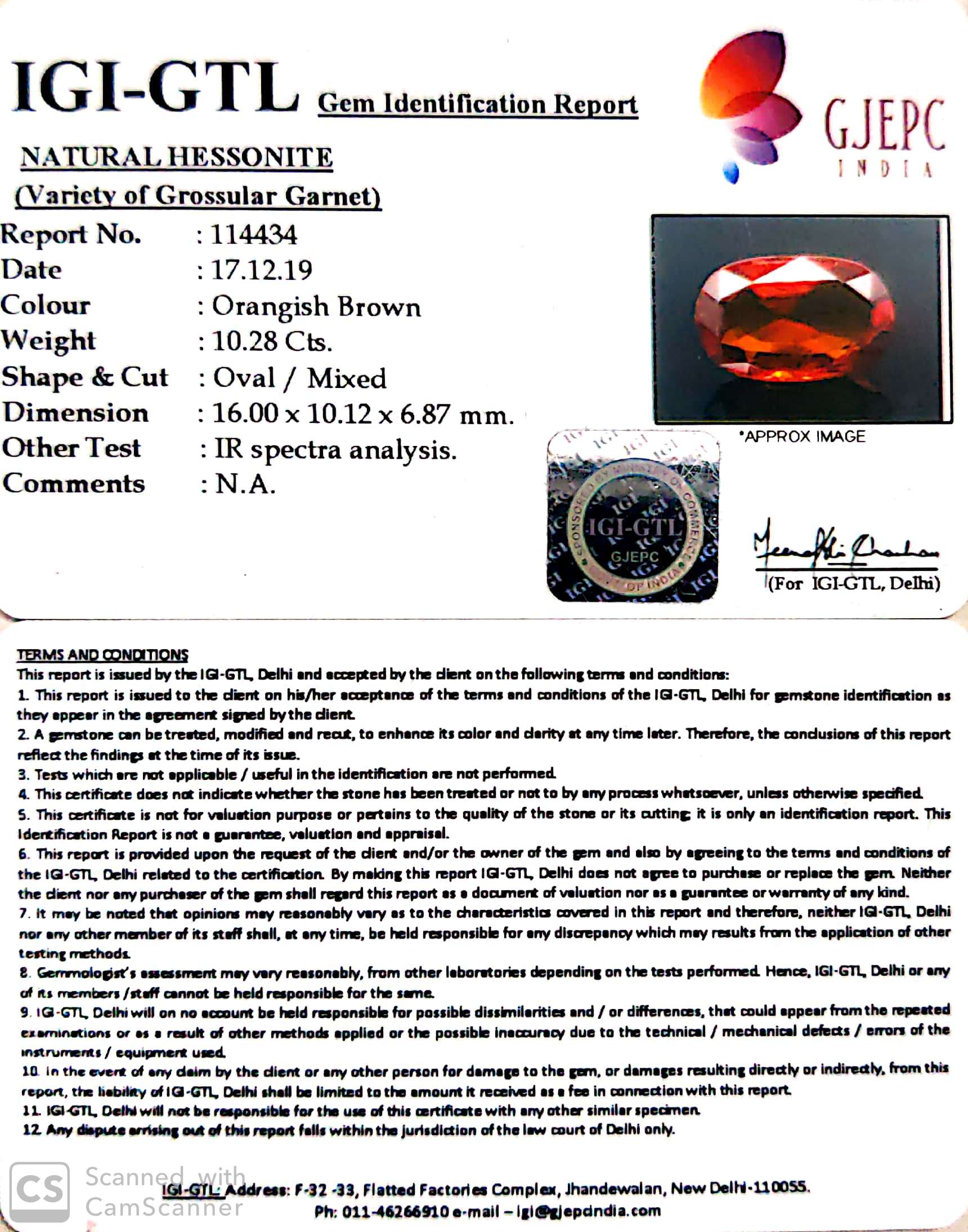 11.42 Ratti Natural Hessonite with Govt. Lab Certificate-(1221)