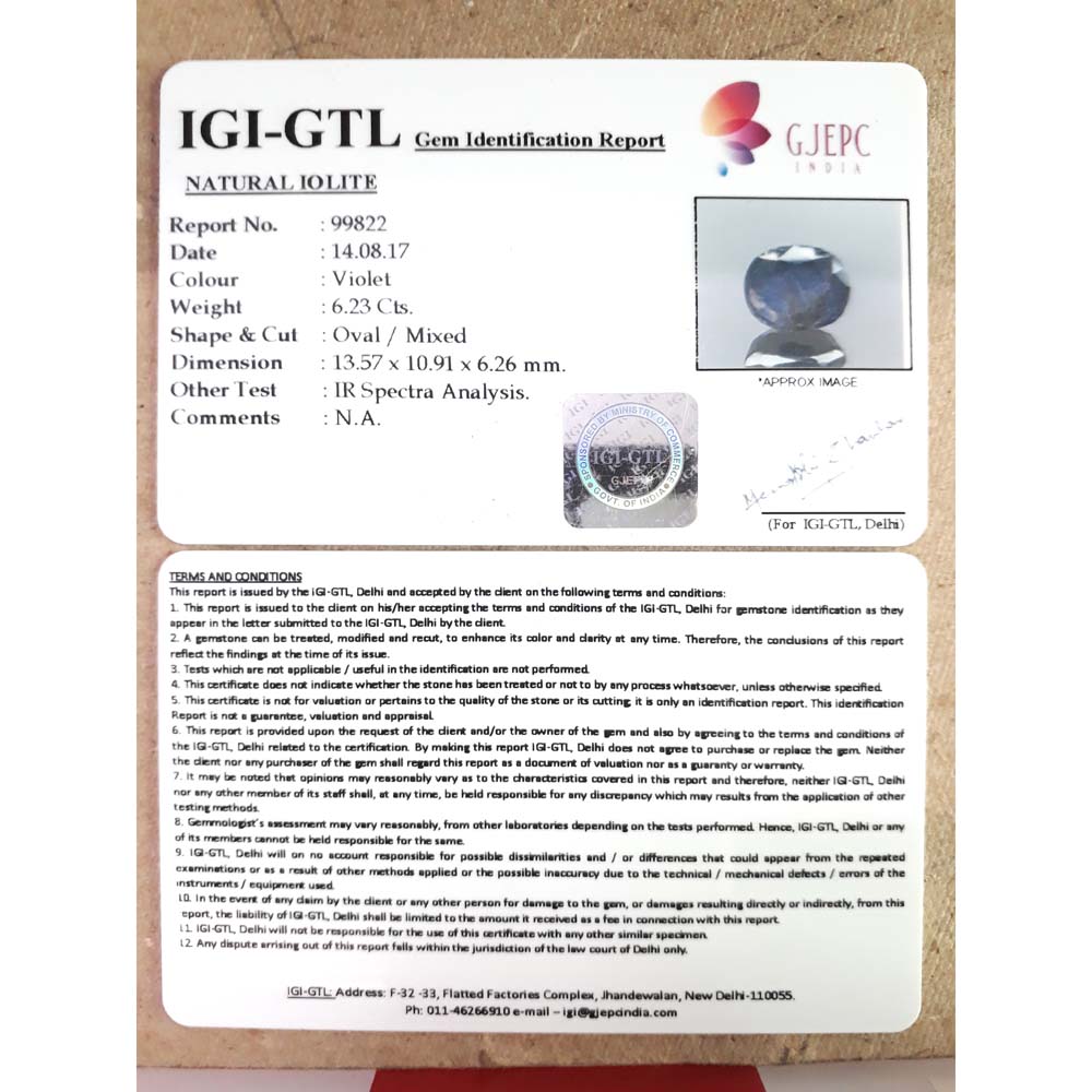 6.92 Ratti Natural Iolite with Govt. Lab Certificate-(550)