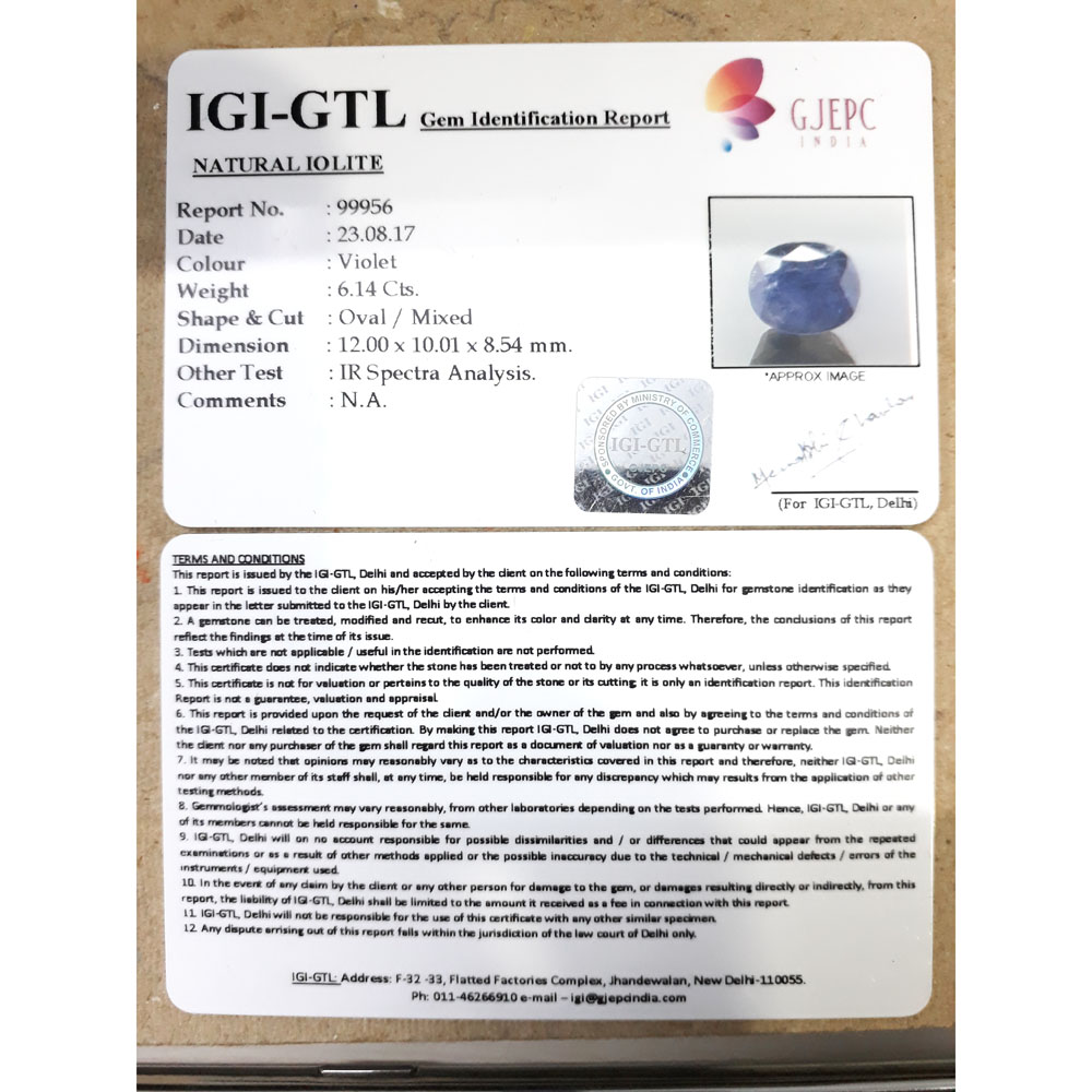 6.82 Ratti Natural Iolite with Govt. Lab Certificate-(550)