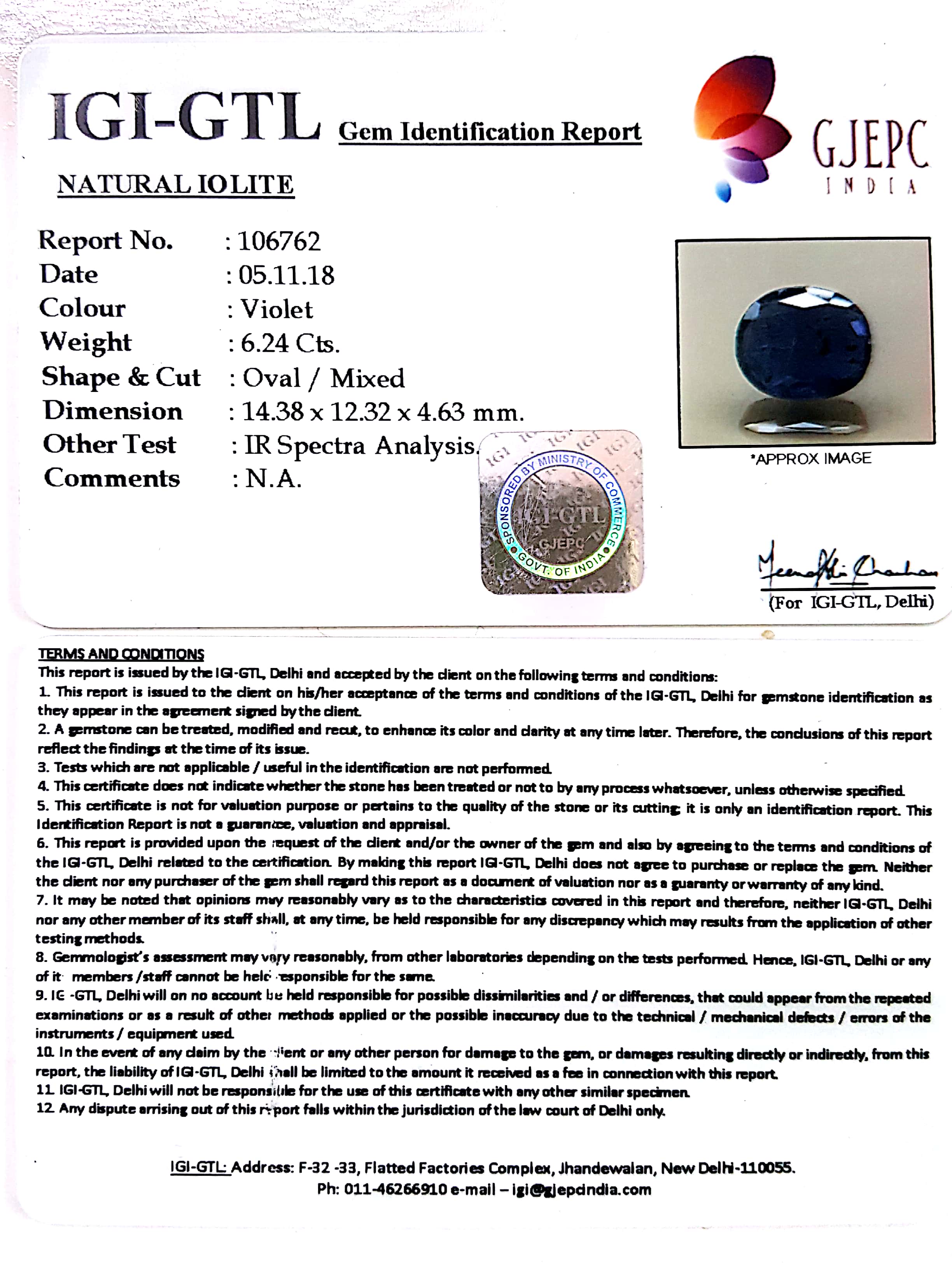 6.93 Ratti Natural Iolite With Govt. Lab Certificate-(610)