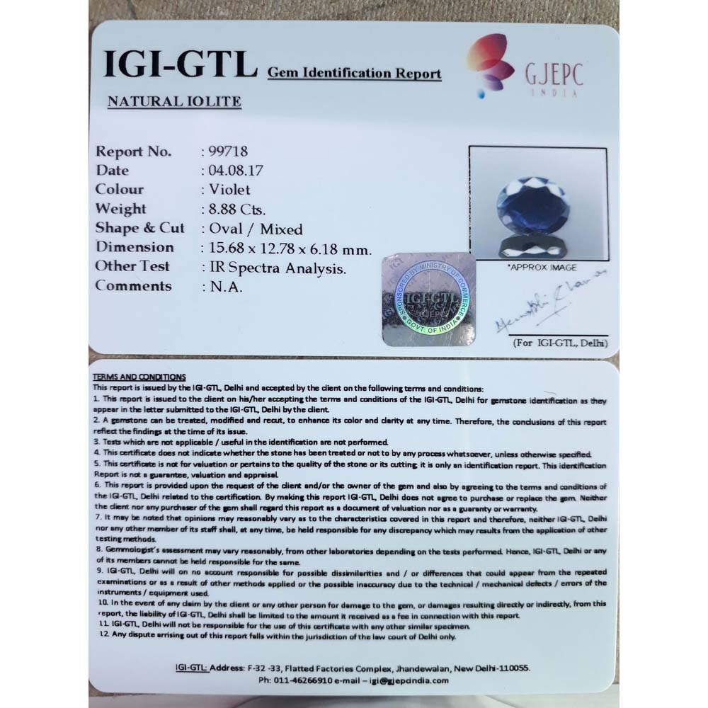 9.87 Ratti Natural Iolite with Govt. Lab Certificate-(550)