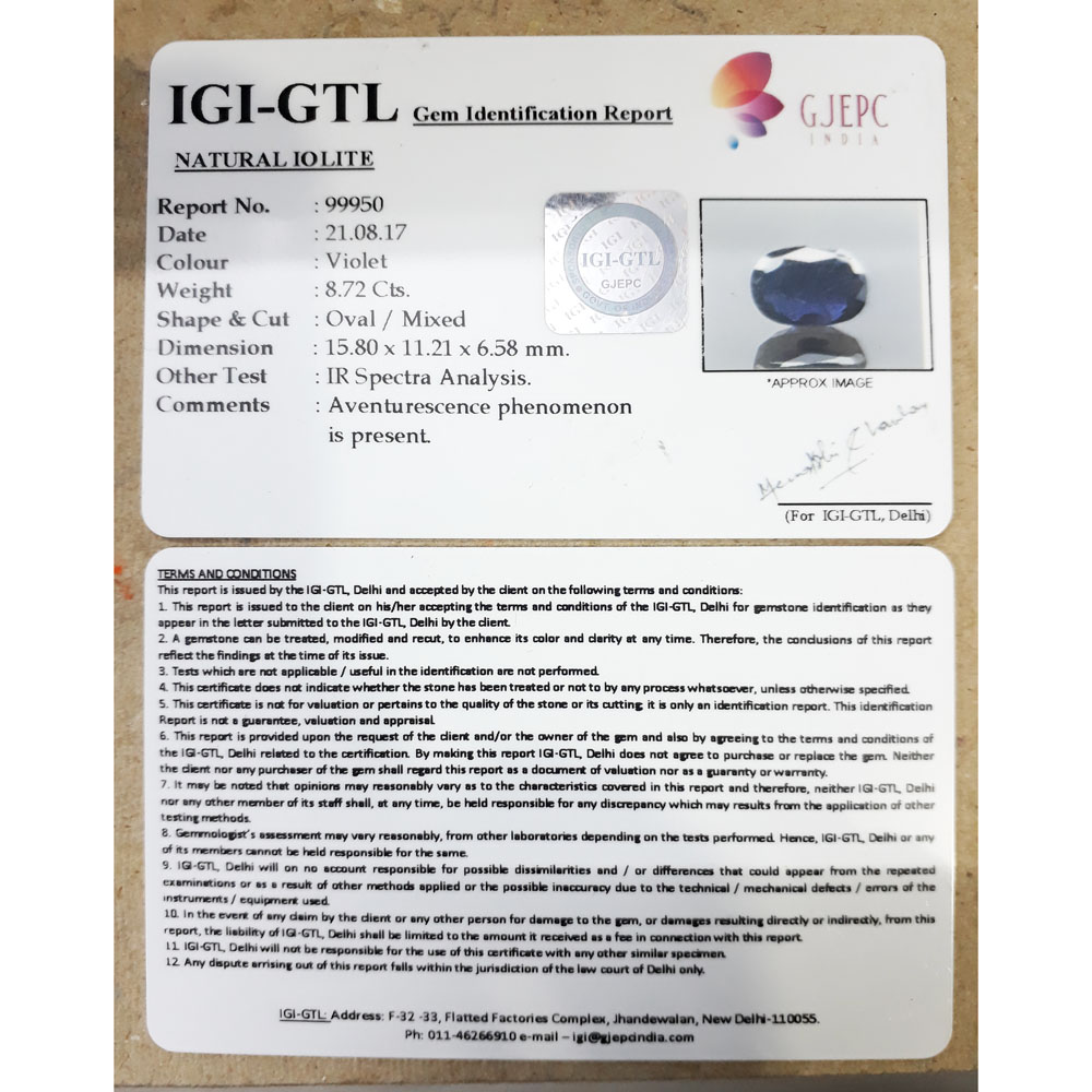 9.69 Ratti Natural Iolite with Govt. Lab Certificate-(550)