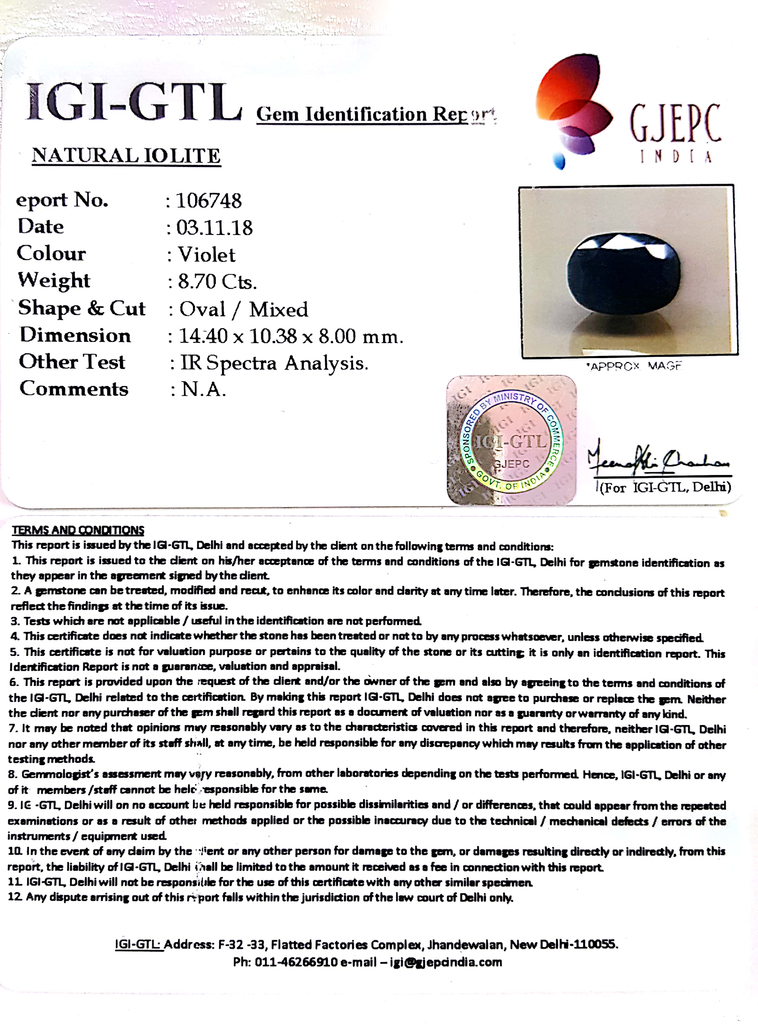 9.67 Ratti Natural Iolite With Govt. Lab Certificate-(610)