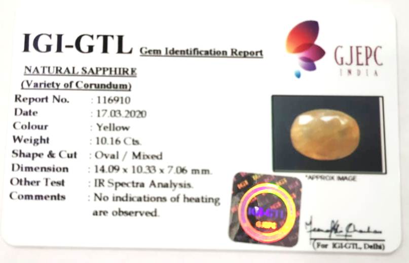11.27 Ratti Natural Ceylonese Yellow Sapphire with Govt Lab Certificate-(4551)