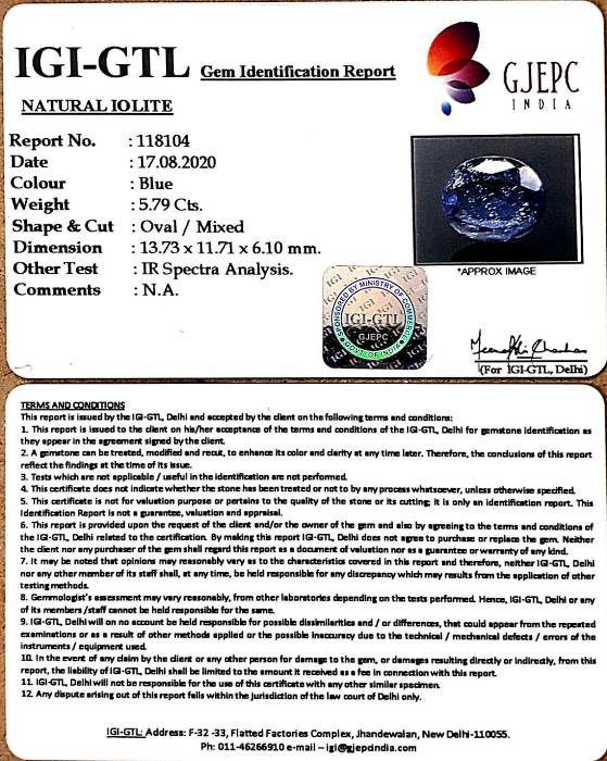 6.42 Ratti Natural Iolite With Govt. Lab Certificate-(2331)