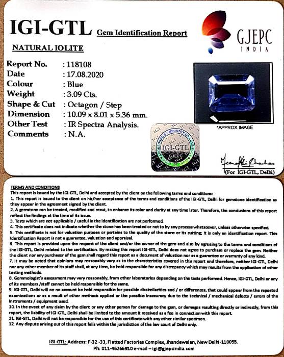 3.42 Ratti Natural Iolite With Govt. Lab Certificate-(2331)