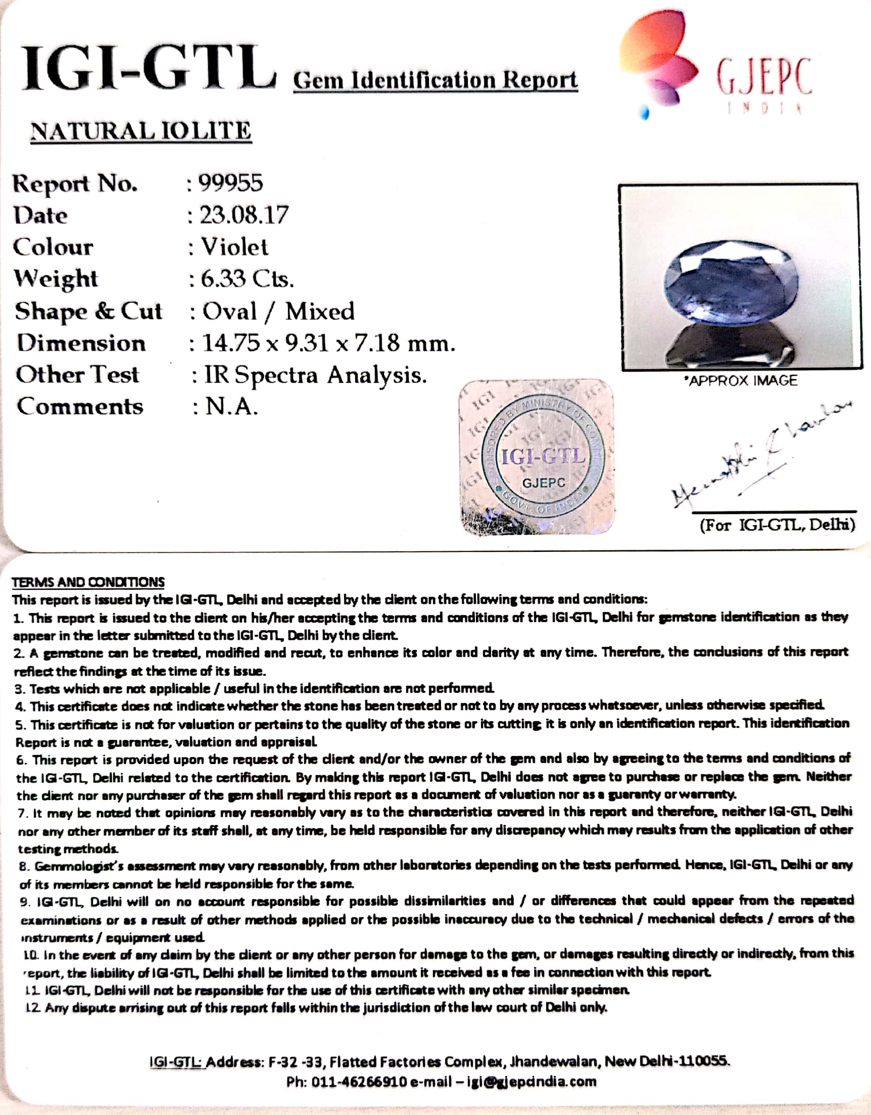 7.03 Ratti Natural Iolite with Govt. Lab Certificate-(1100)