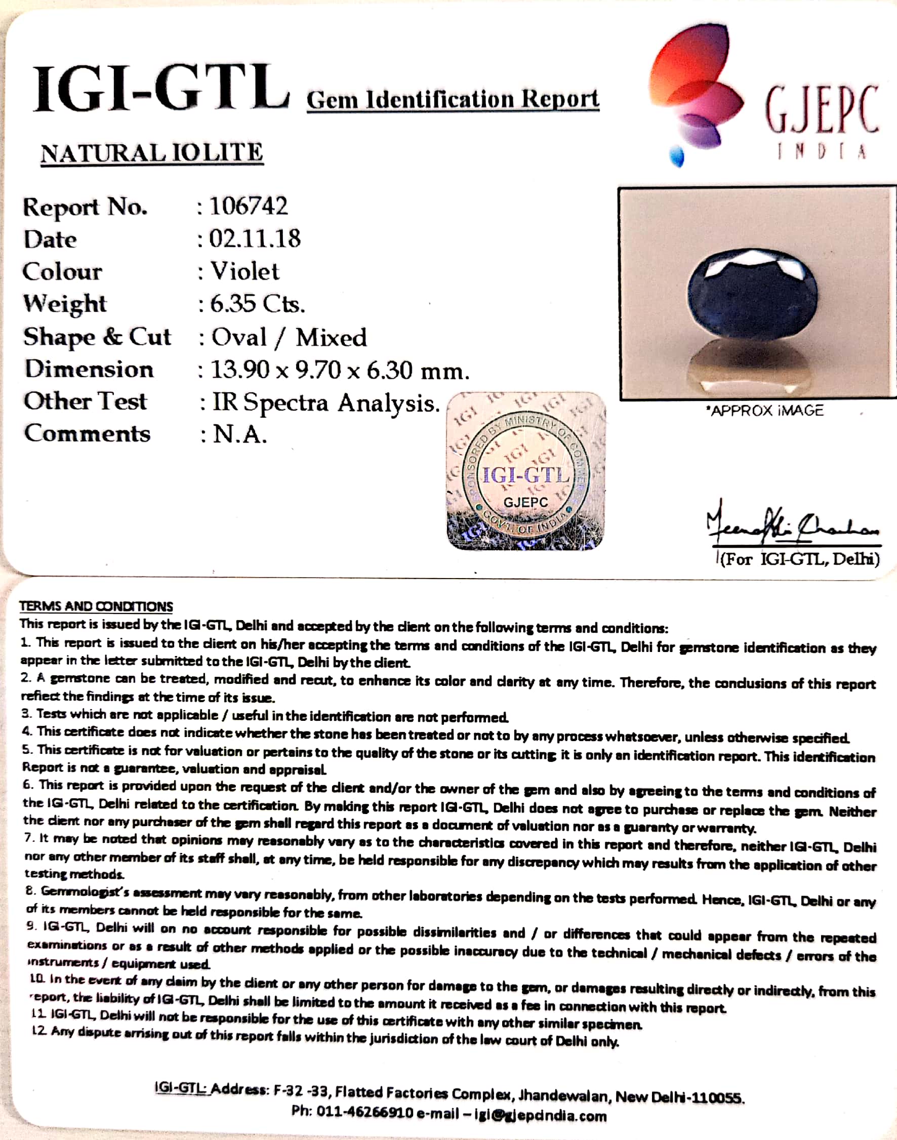 7.06 Ratti Natural Iolite With Govt. Lab Certificate-(1221)