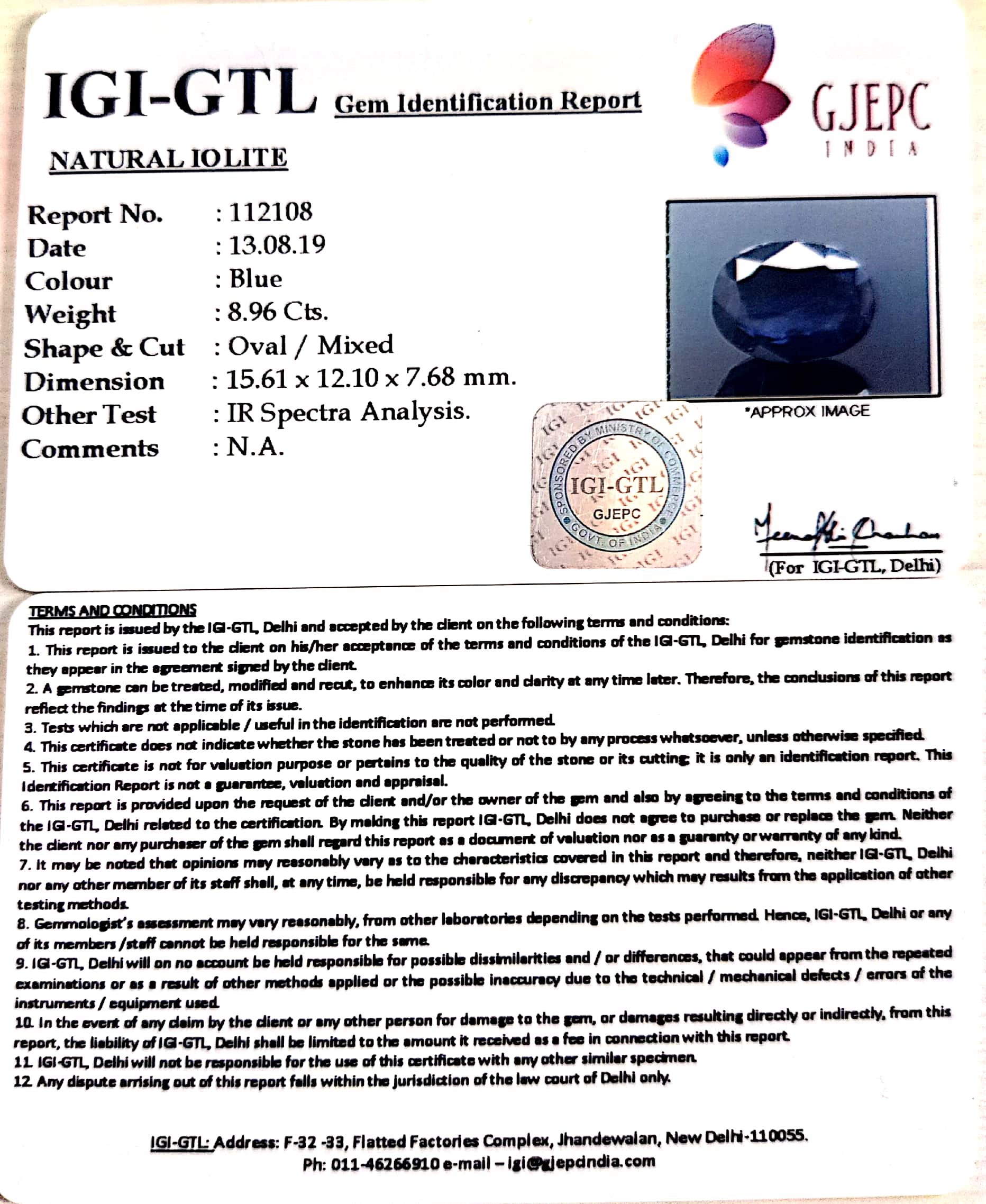 6.19 Ratti Natural Iolite With Govt. Lab Certificate-(1221)