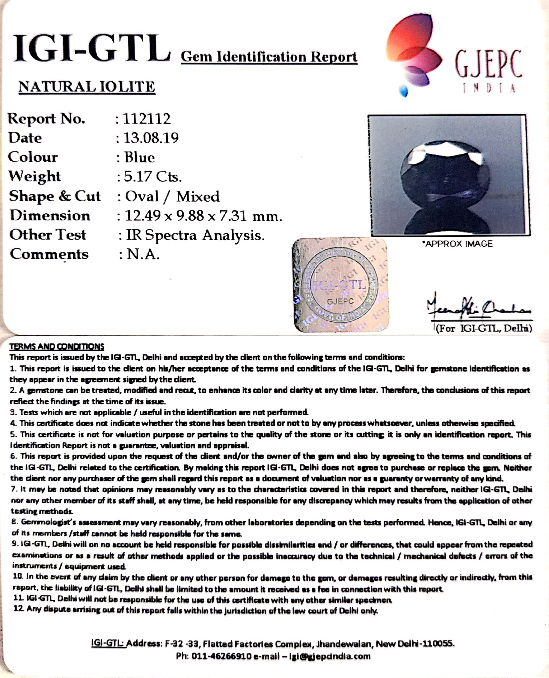5.73 Ratti Natural Iolite With Govt. Lab Certificate-(1221)