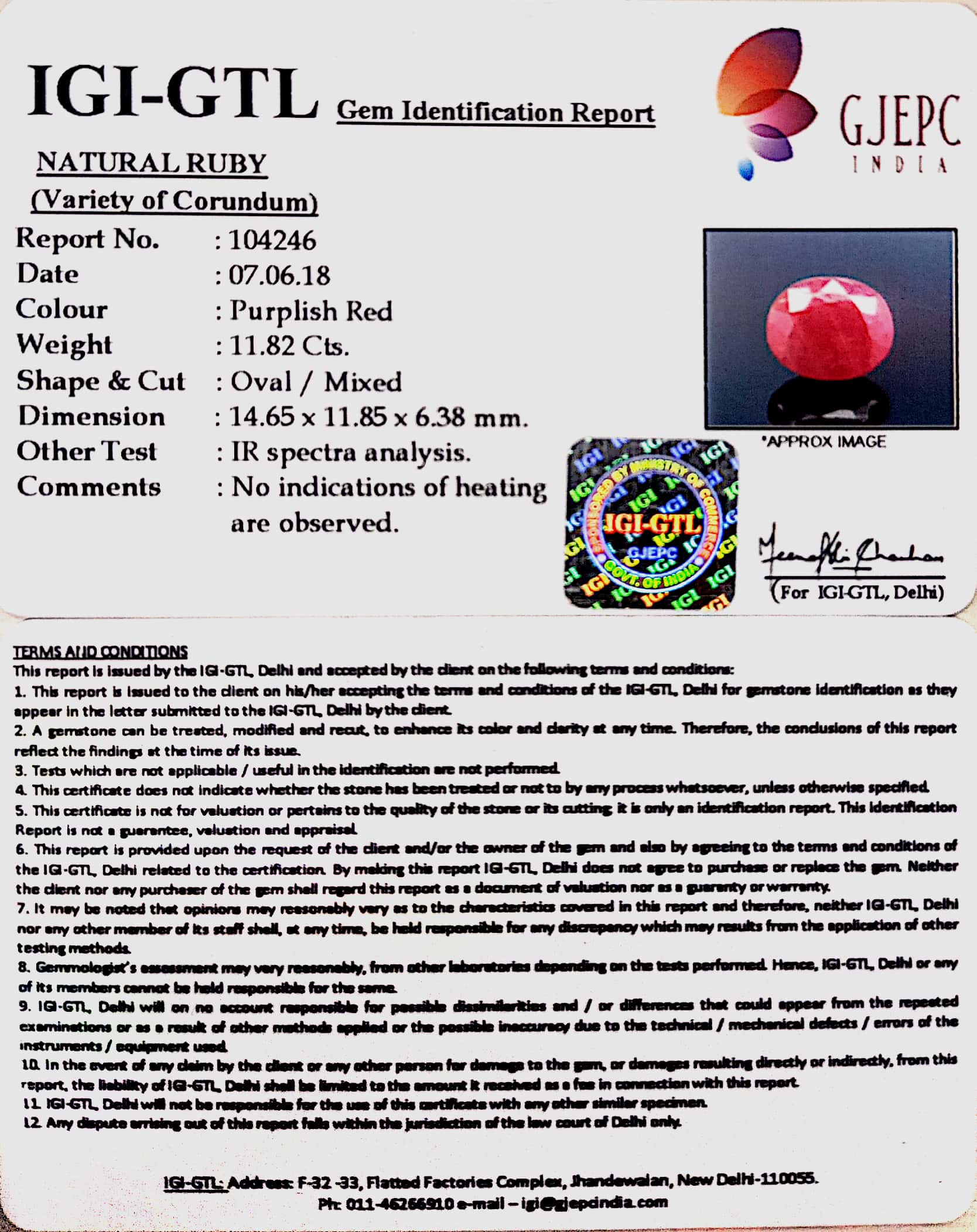 11.83 Carat Natural New Burma Ruby with Govt. Lab Certificate