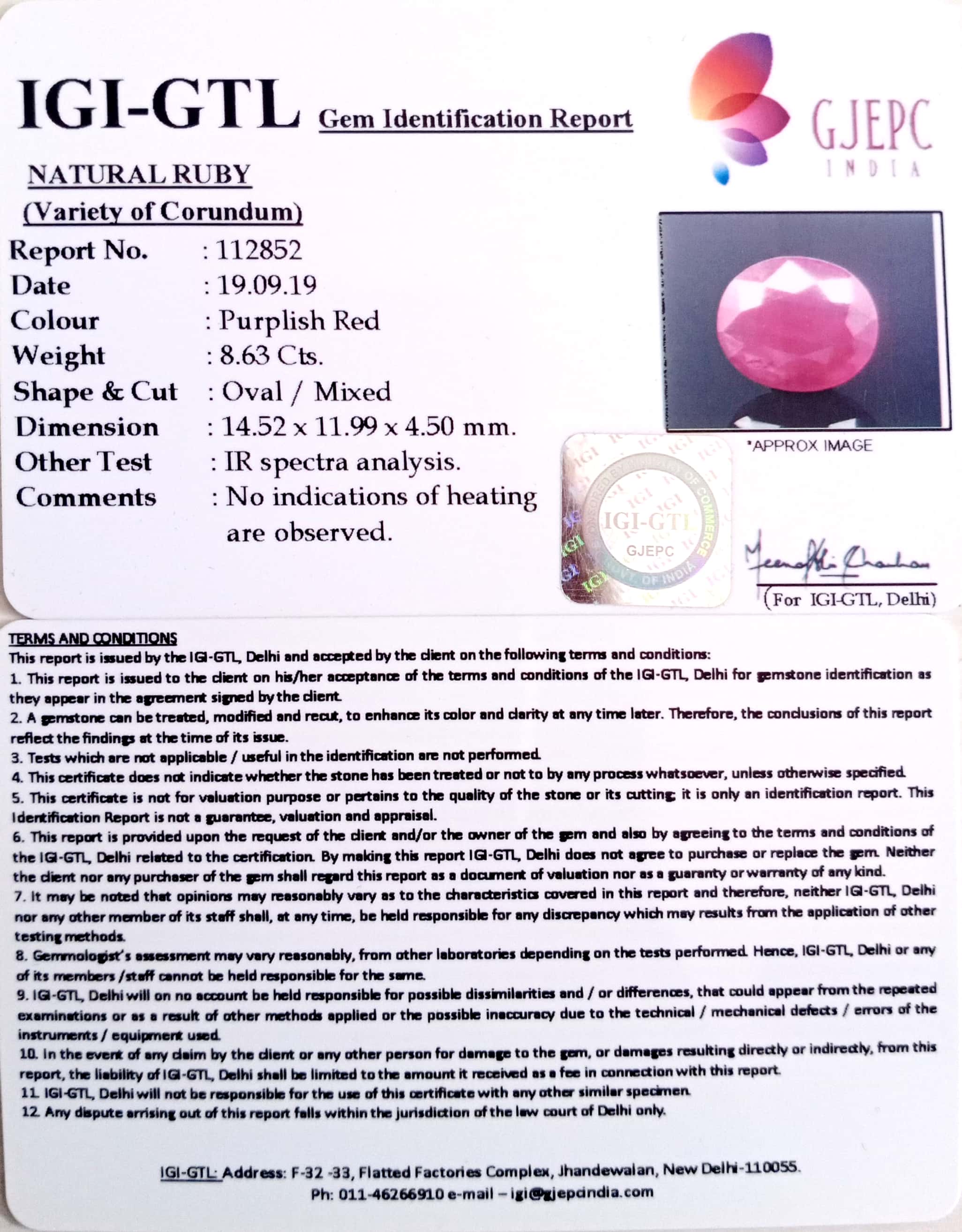 9.57 Ratti Natural Neo Burma Ruby with Govt. Lab Certificate-(4551)