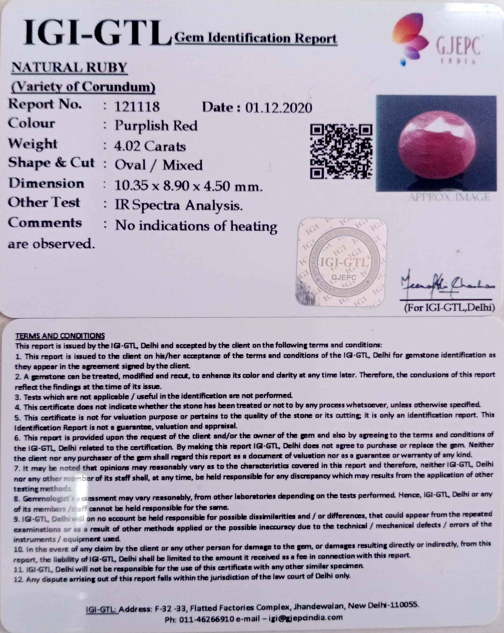 4.46 Ratti Natural Indian Ruby with Govt. Lab Certificate-(1221)