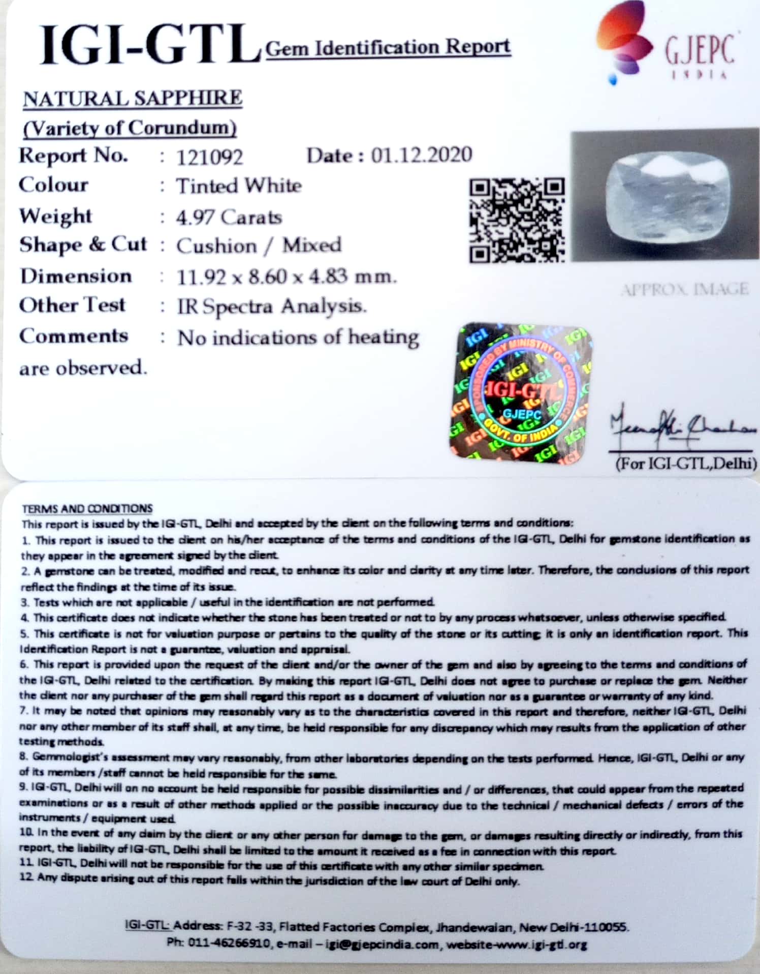 5.33 Ratti Natural White Sapphire with Govt Lab Certificate - (6771)